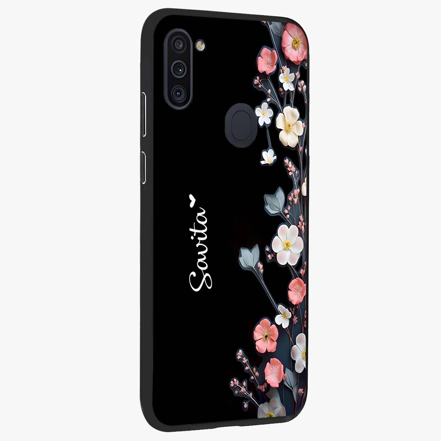 Black Elegance Floral Custom Name Glass Case upright view showcasing luxurious black floral design with personalized name detail.