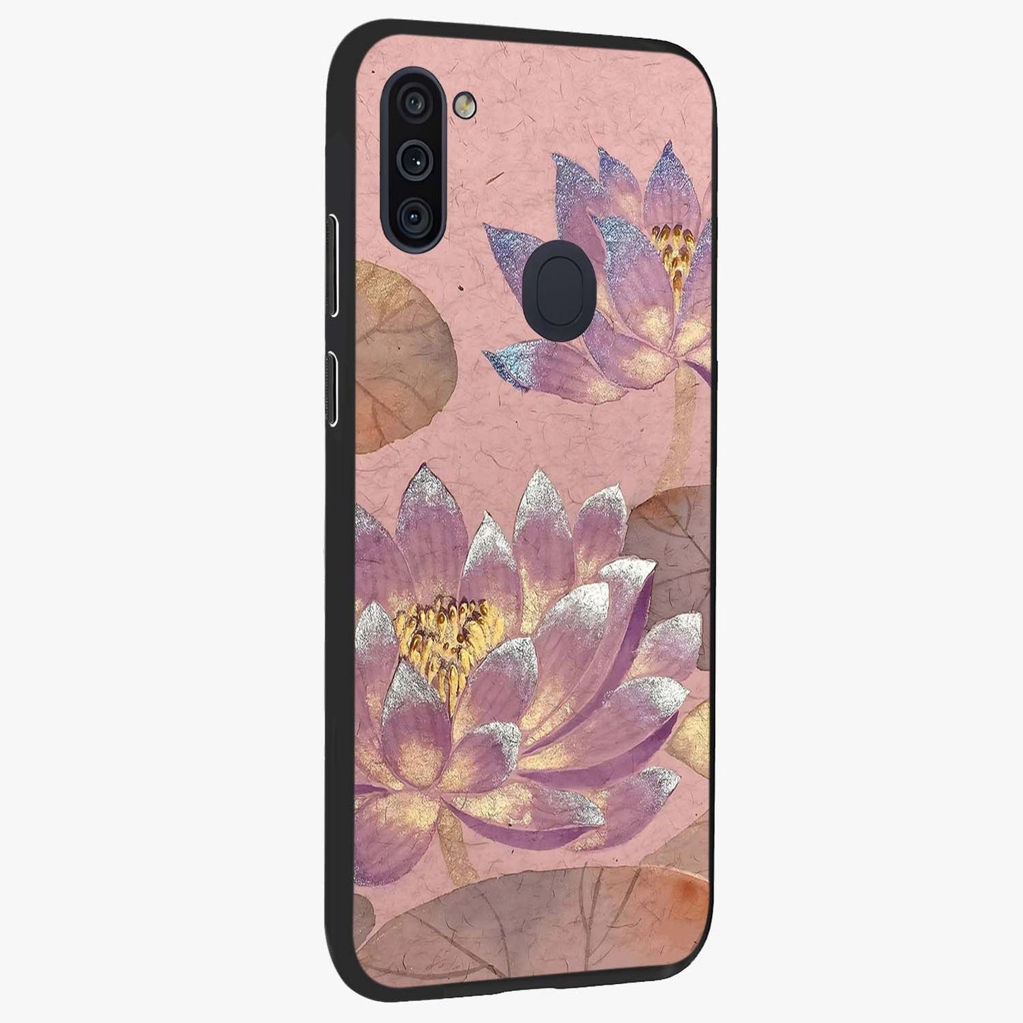 Blossom Mist Lotus Glass Case upright view showcasing graceful lotus flower design with peaceful botanical style.