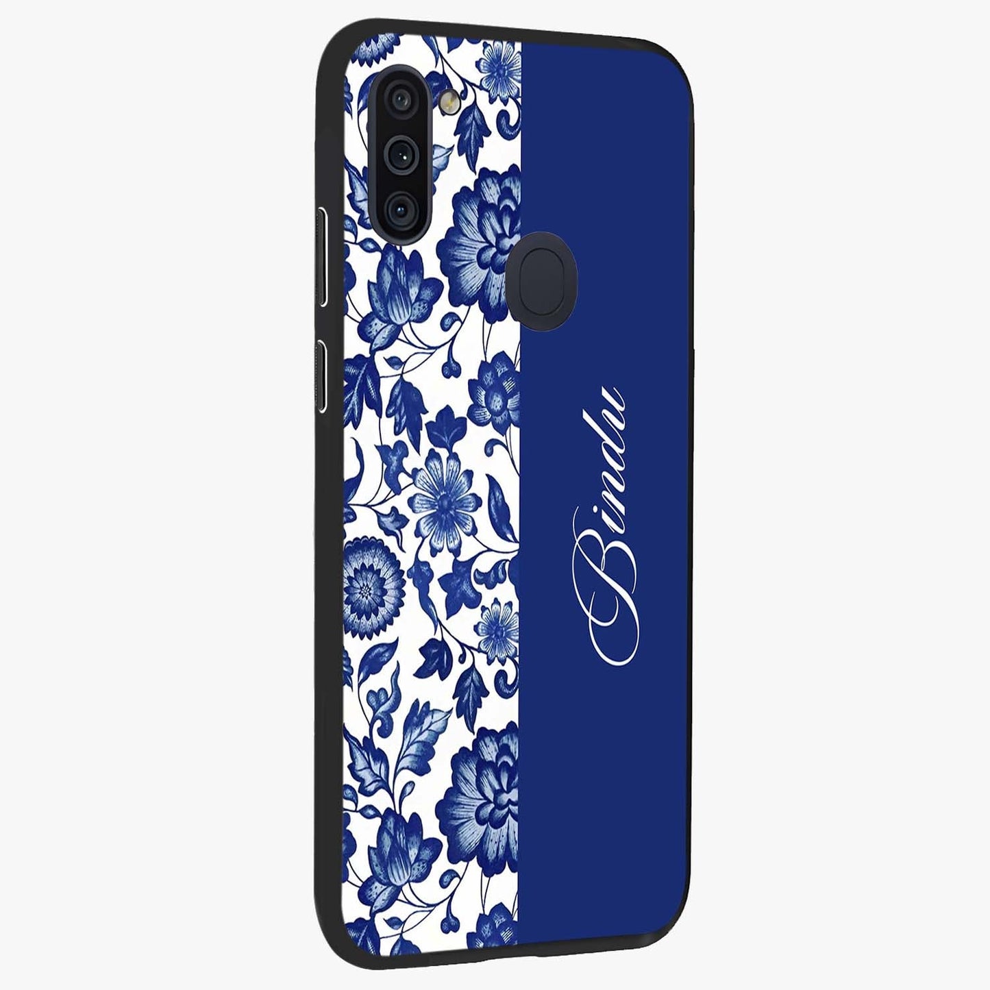 Blue Vintage Floral Pattern Glass Case upright view showcasing delicate blush floral texture with modern minimal style.