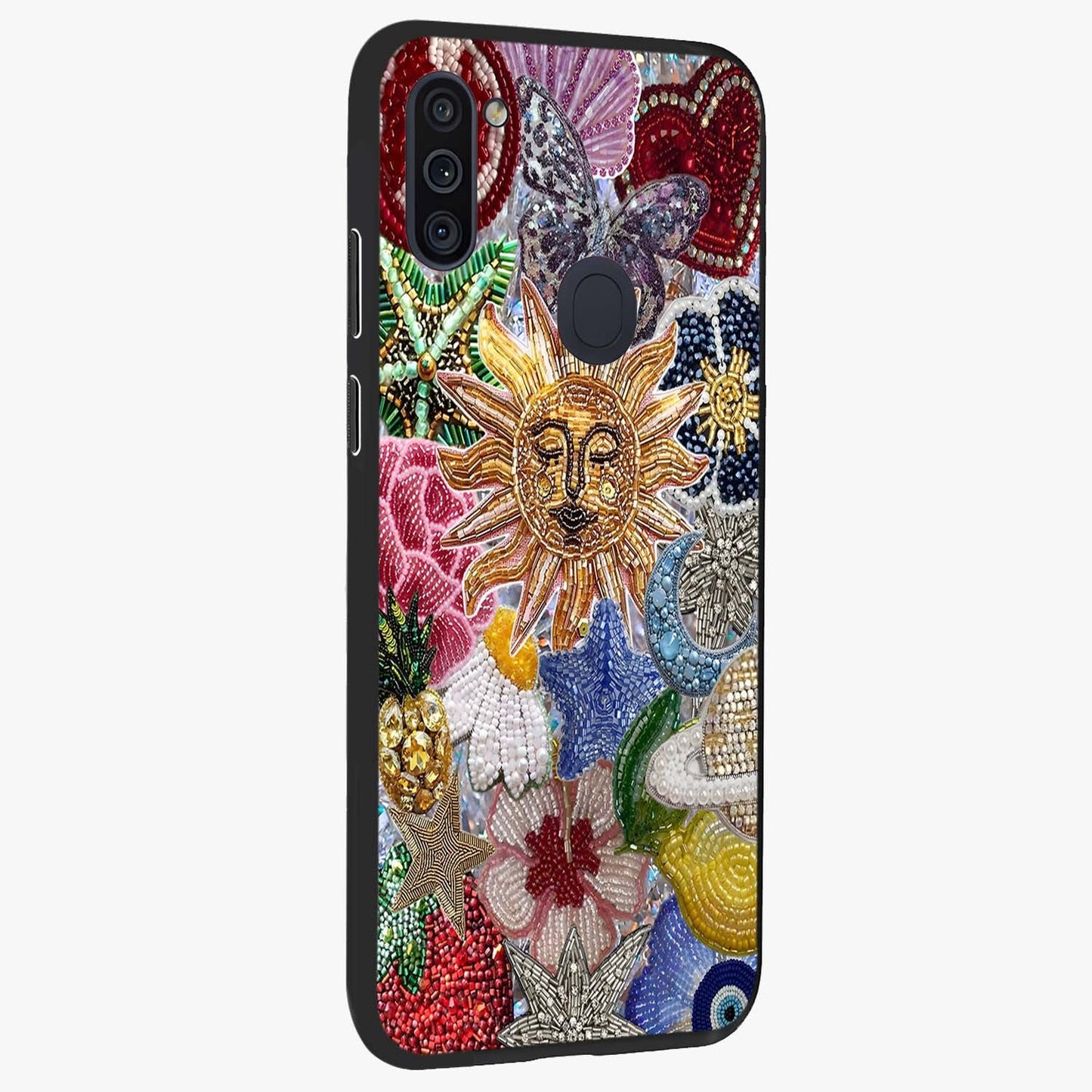 Celestial Floral and Playful Glass Case upright view showcasing whimsical floral artwork with cosmic aesthetic theme.