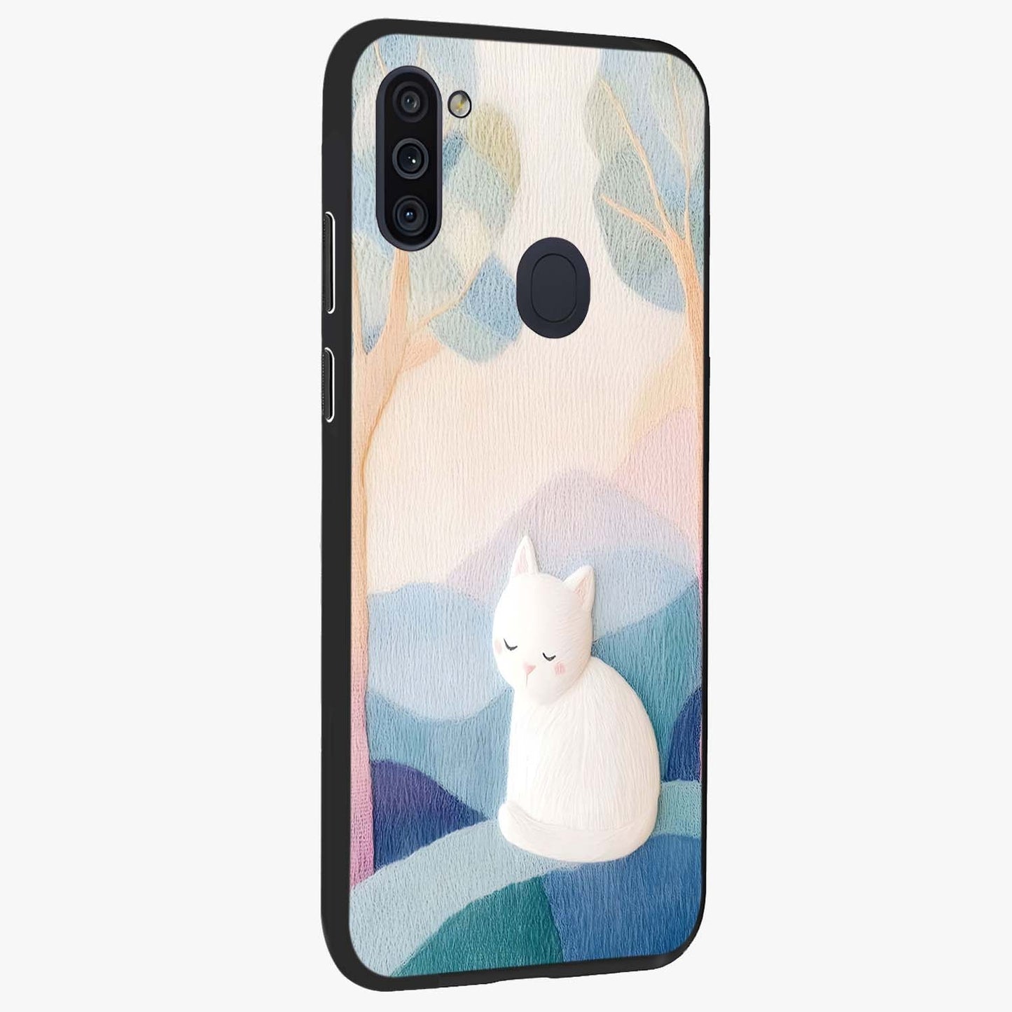 Cotton Dream Cat Glass Case upright view showcasing charming cat artwork with cozy dreamy theme.