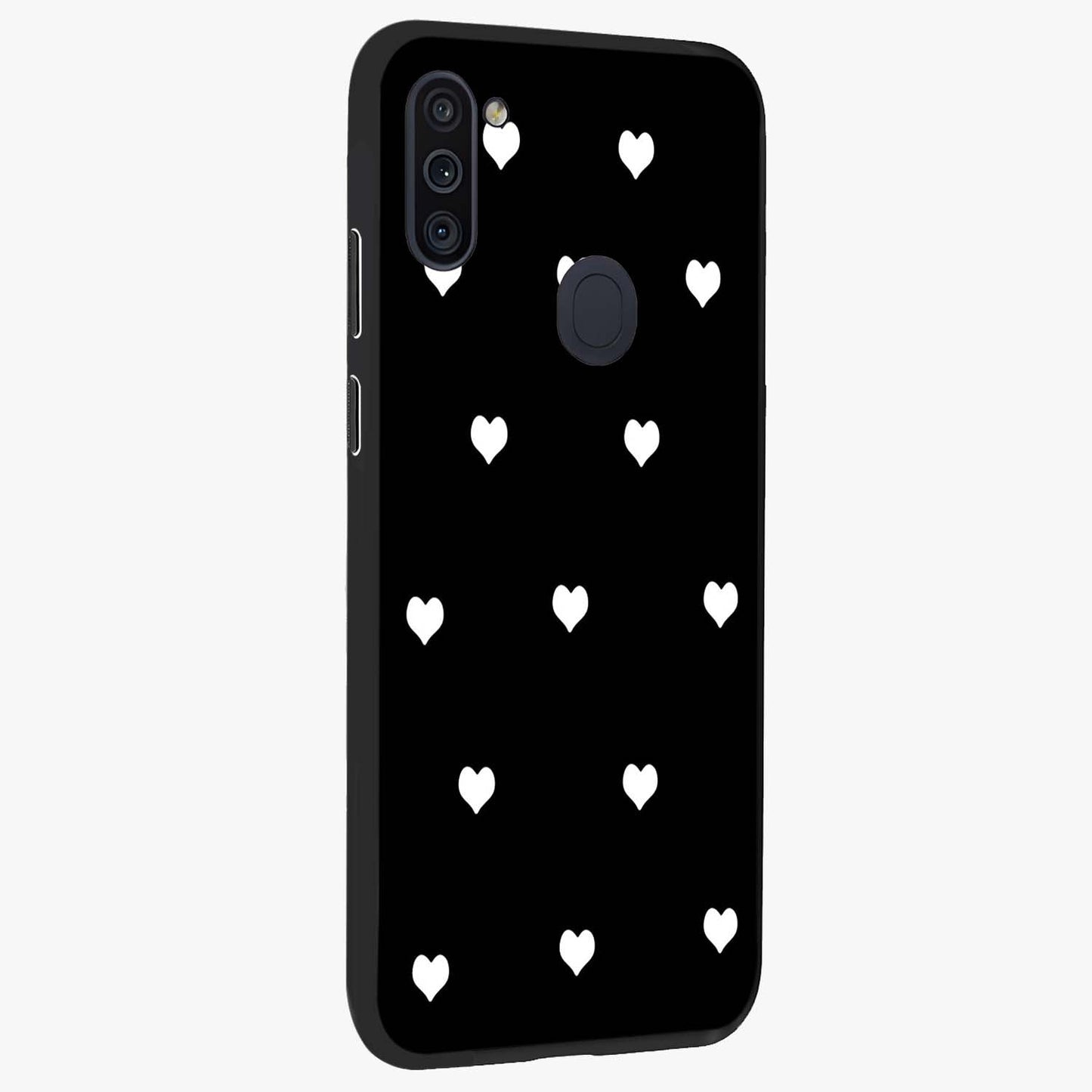 Cute And Simple White Hearts Glass Case upright view showcasing simple white hearts artwork with soft minimal theme.