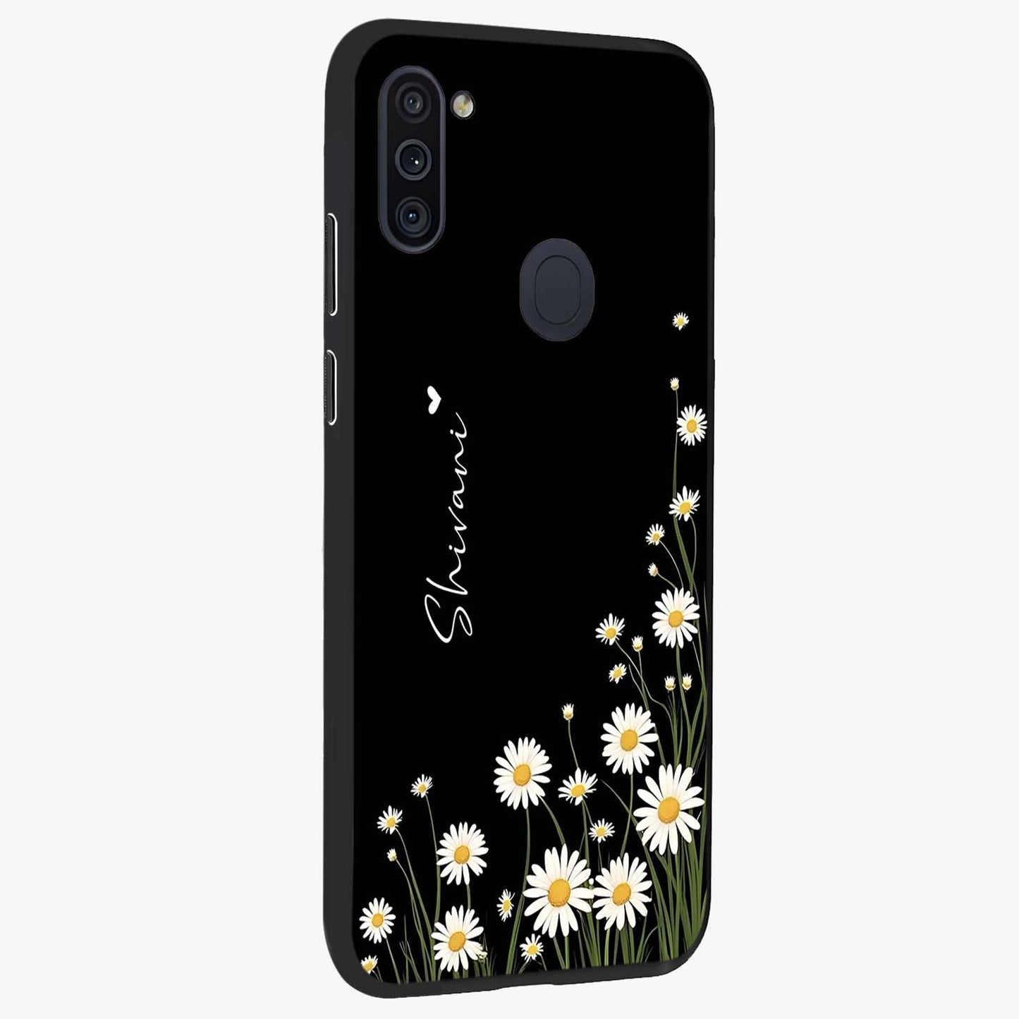 Daisy Cascade Custom Name Glass Case upright view showcasing elegant floral cascade design with personalized aesthetic.