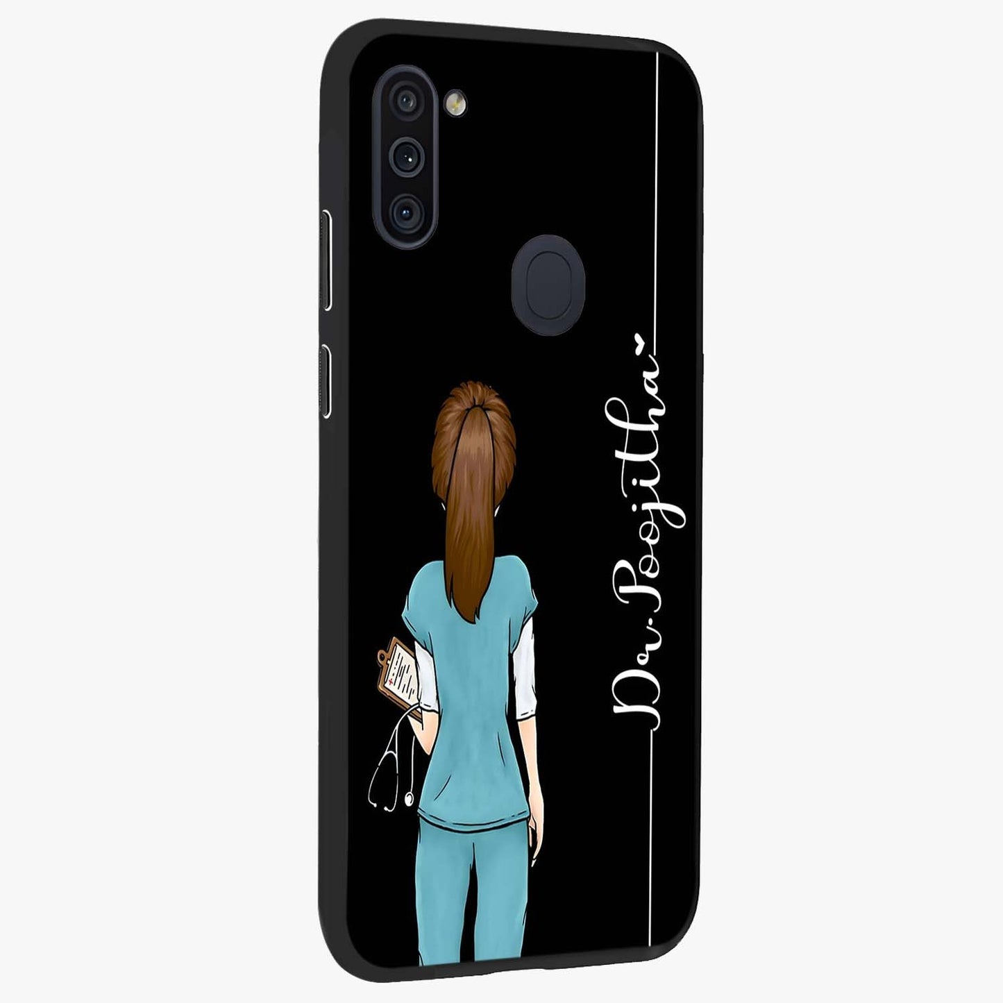Doctor Pattern Custom Name Glass Case upright view showcasing healthcare themed design with personalized aesthetic.