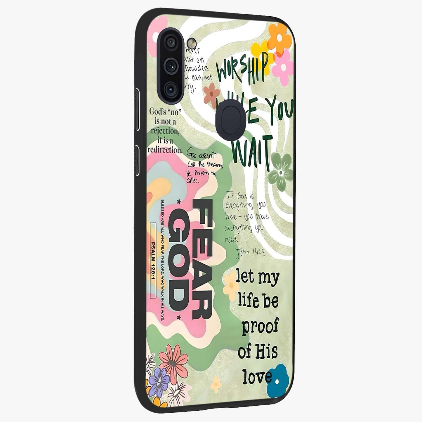 Faith Over Fear Glass Case upright view showcasing bold typography artwork with uplifting motivational theme.