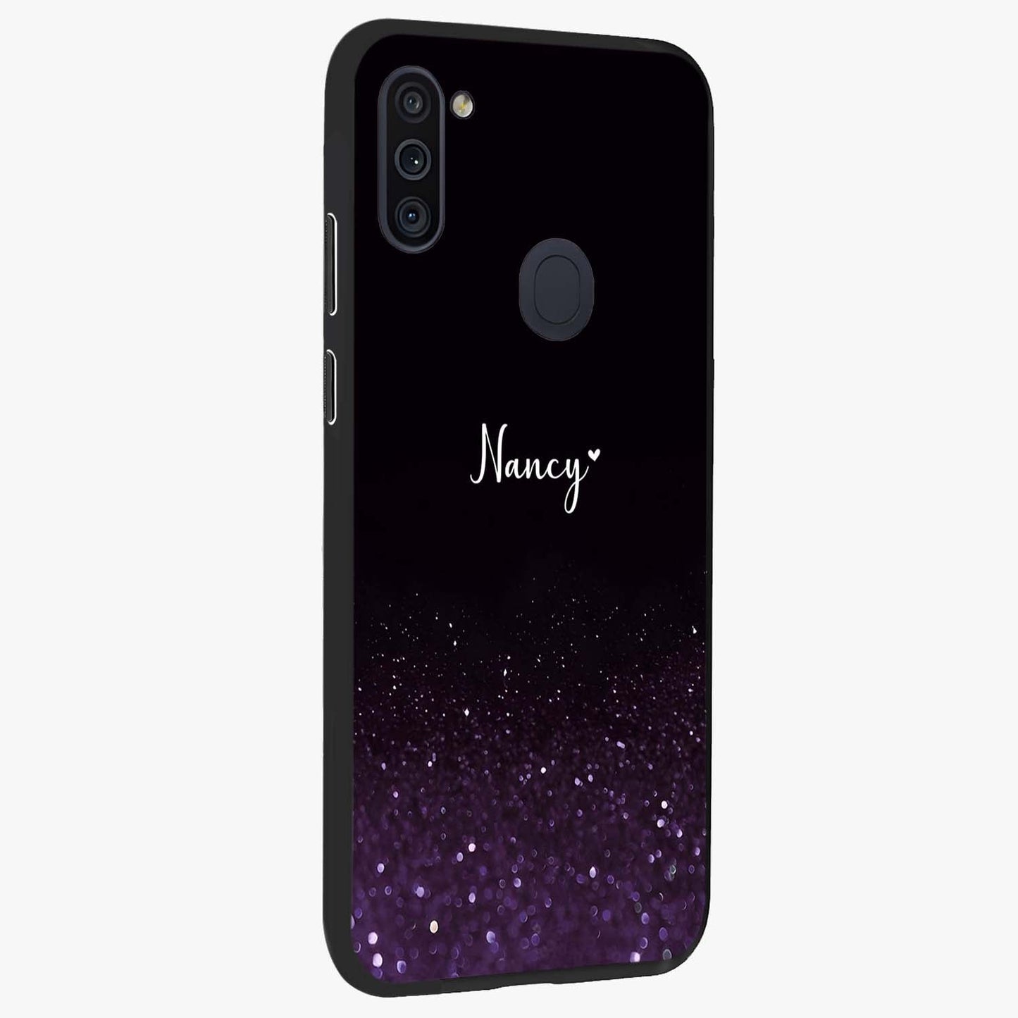 Glittery Purple Bokeh Custom Name Glass Case upright view showcasing vibrant purple sparkle artwork with personalized aesthetic style.