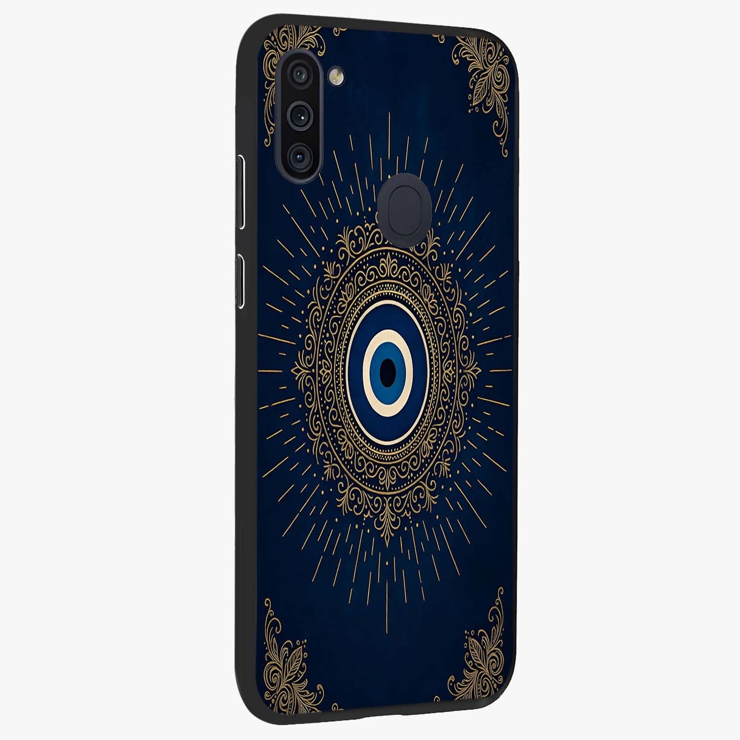 Golden Celestial Charm Glass Case upright view showcasing radiant celestial artwork with elegant golden theme.
