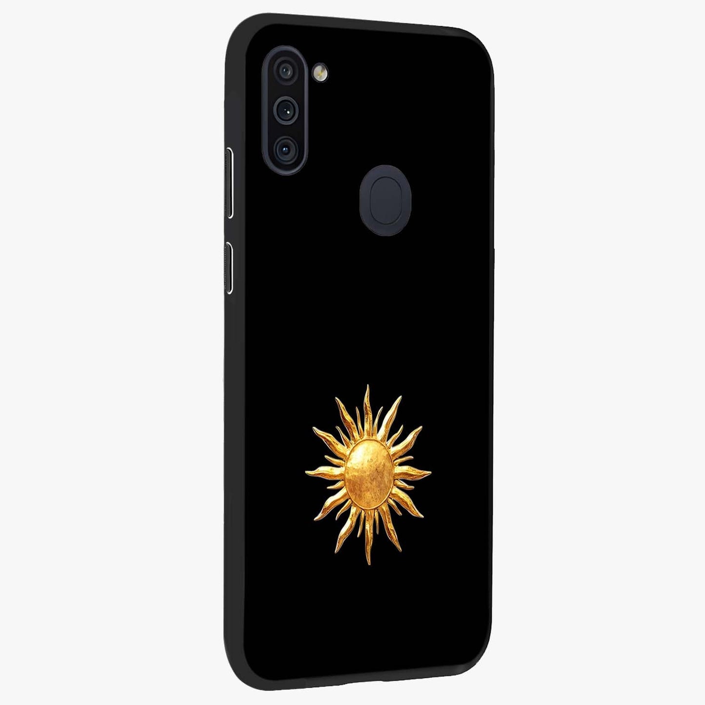 Golden Sun Minimalism Glass Case upright view showcasing haunting graveyard artwork with dramatic dark theme.