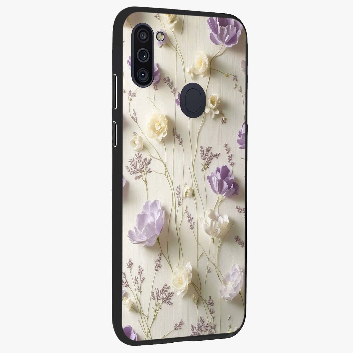 Lilac Breeze Harmony Glass Case upright view showcasing delicate lilac artwork with peaceful floral theme.