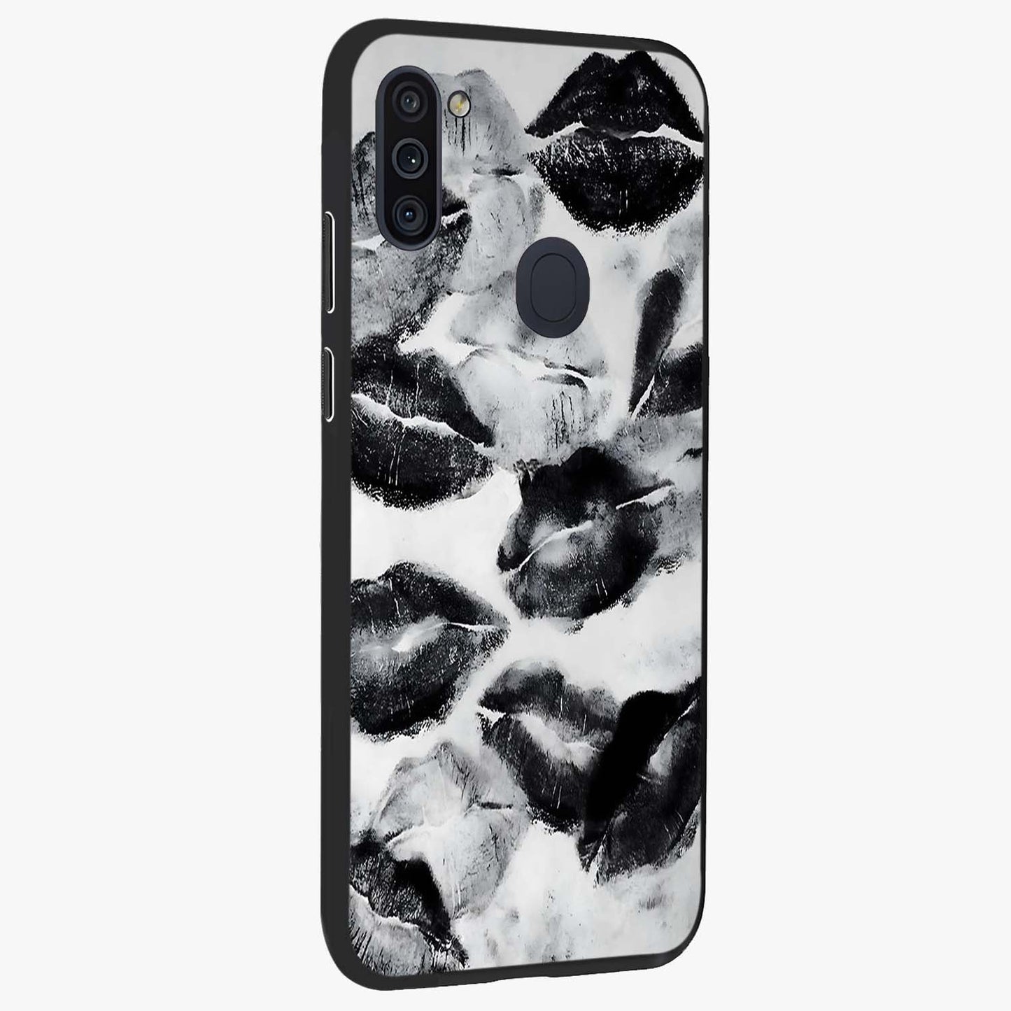 Midnight Kiss Marks Glass Case upright view showcasing stylish kiss mark artwork with trendy romantic theme.