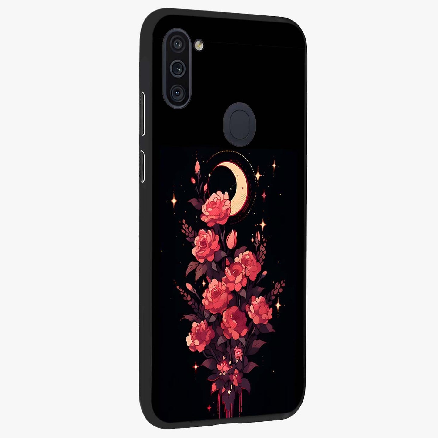 Moonlit Floral Elegance Glass Case upright view showcasing delicate floral artwork with refined night inspired theme.