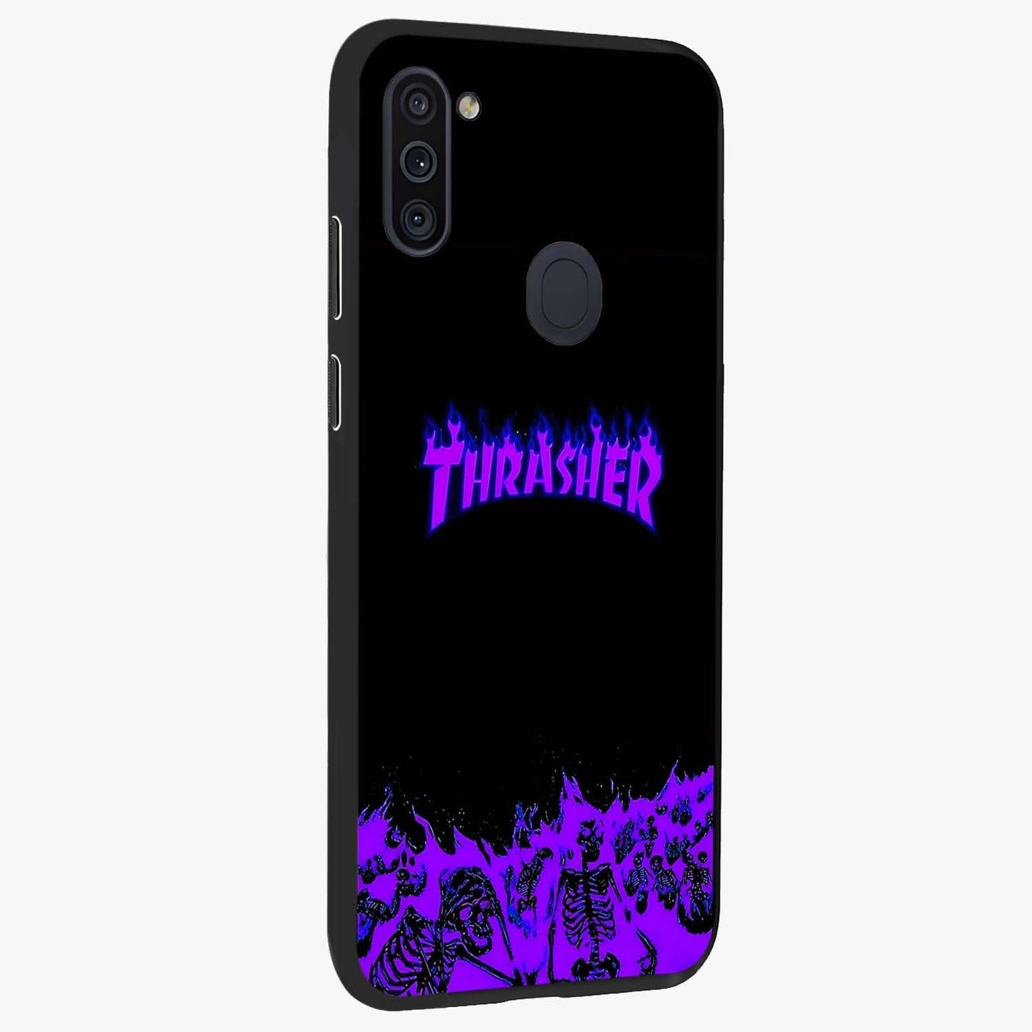 Neon Flame Riot Glass Case upright view showcasing dynamic flame artwork with energetic neon theme.