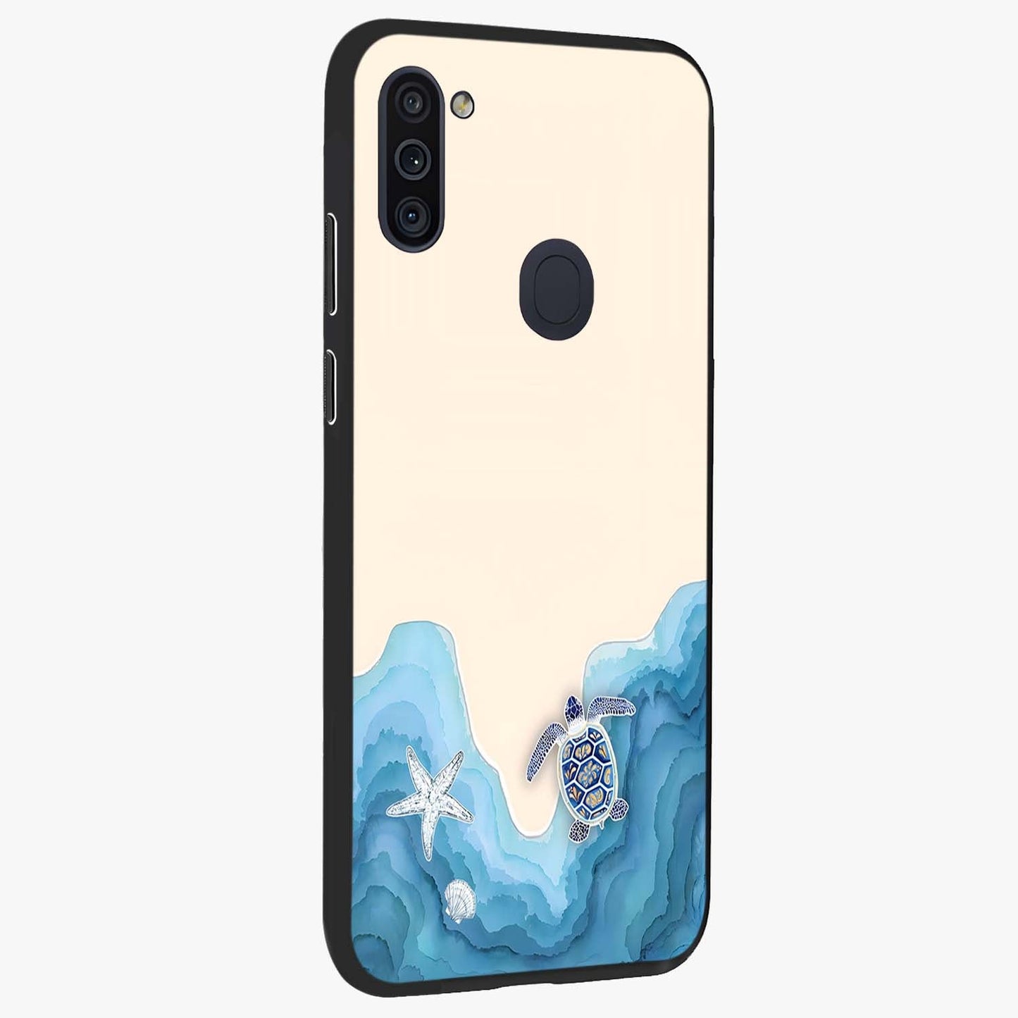 Ocean Drift Turtle Glass Case upright view showcasing calm underwater turtle artwork with nature inspired theme.