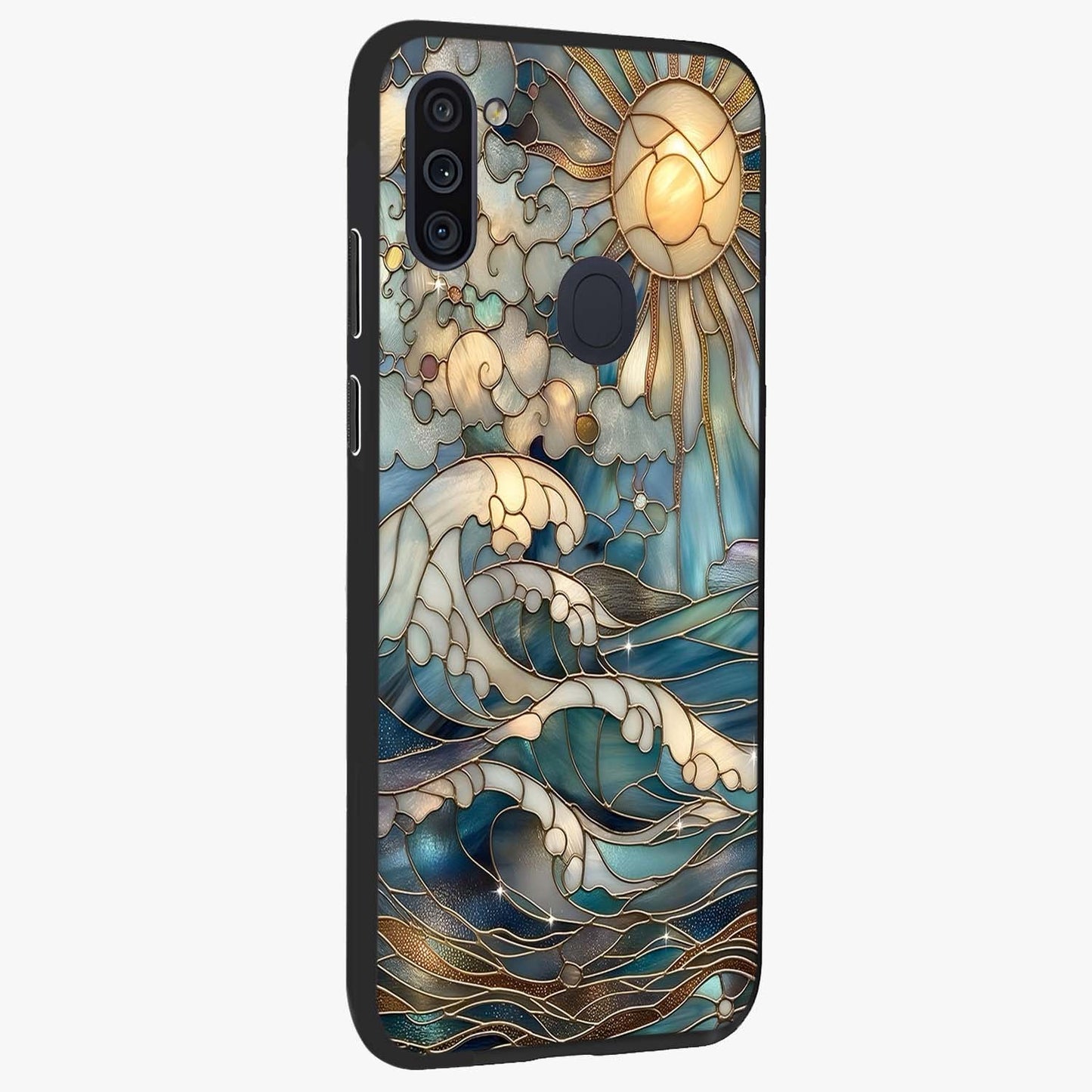 Oceanic Stained Printed Glass Case upright view showcasing decorative ocean pattern artwork with vibrant marine theme.