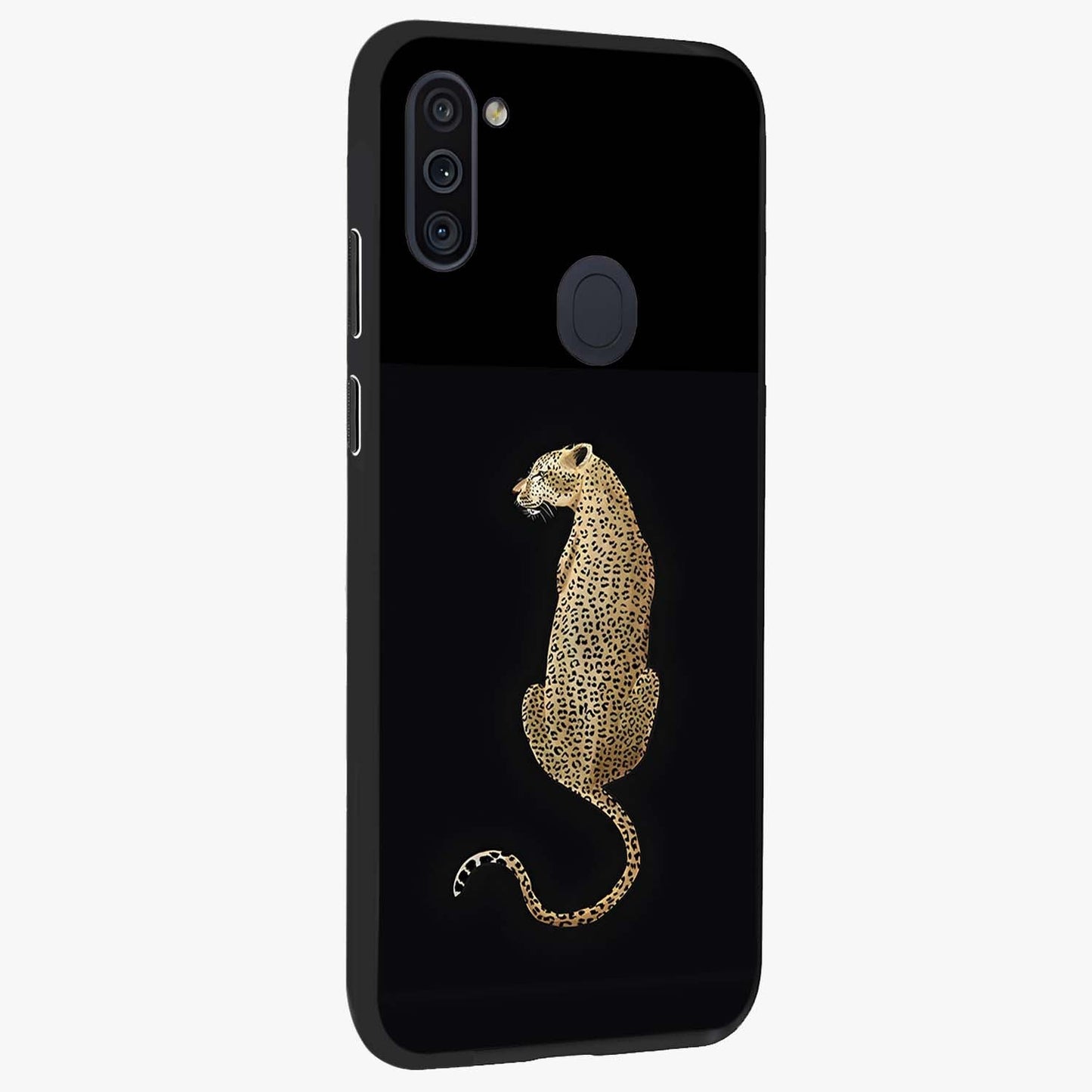 Regal Leopard Glass Case upright view showcasing striking leopard artwork with fierce wildlife theme.