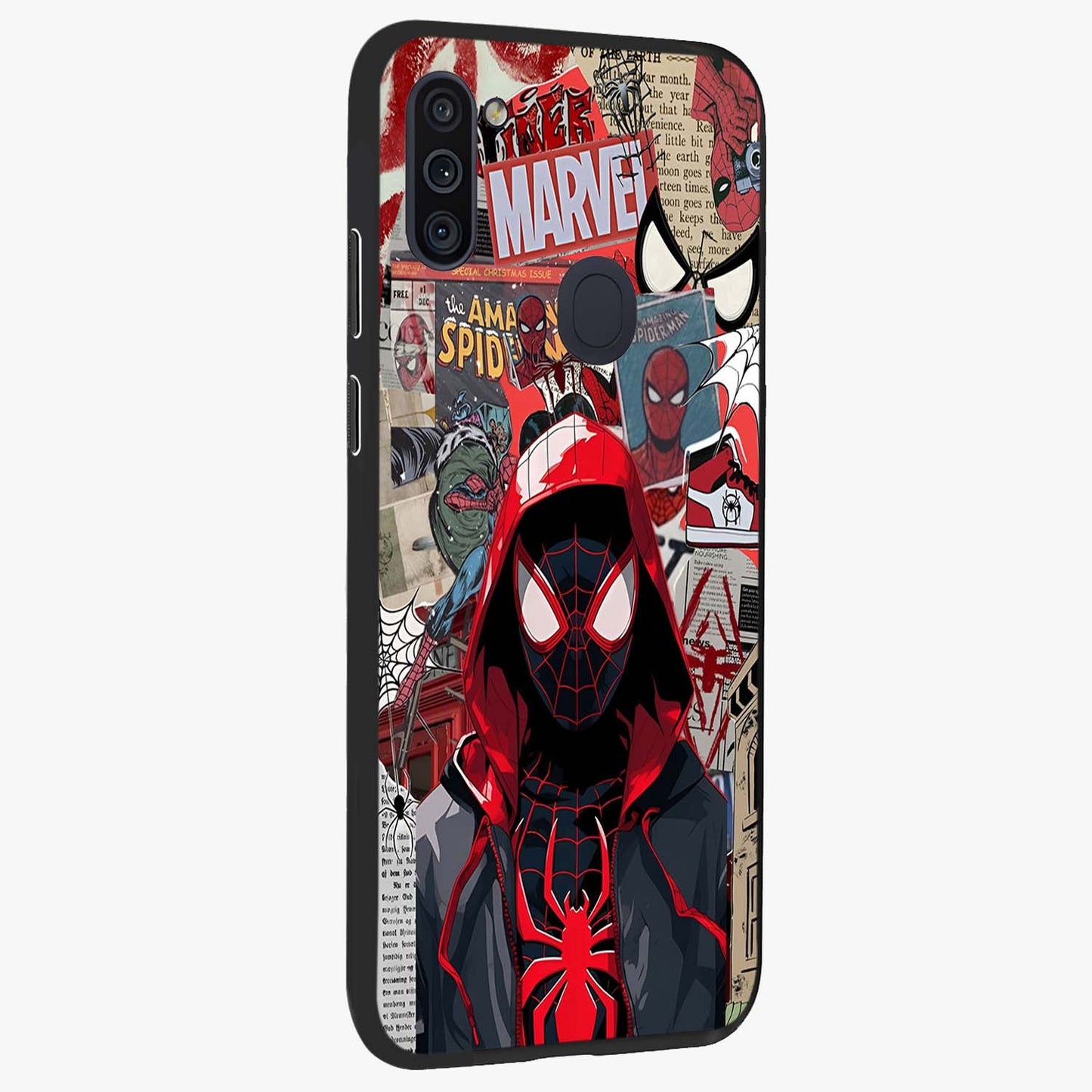 Spider Collage Street Glass Case upright view showcasing bold superhero artwork with urban street theme.
