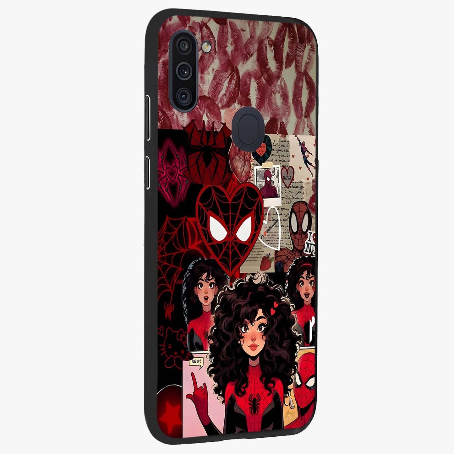 Spider Love Story Glass Case upright view showcasing charming superhero artwork with romantic comic theme.