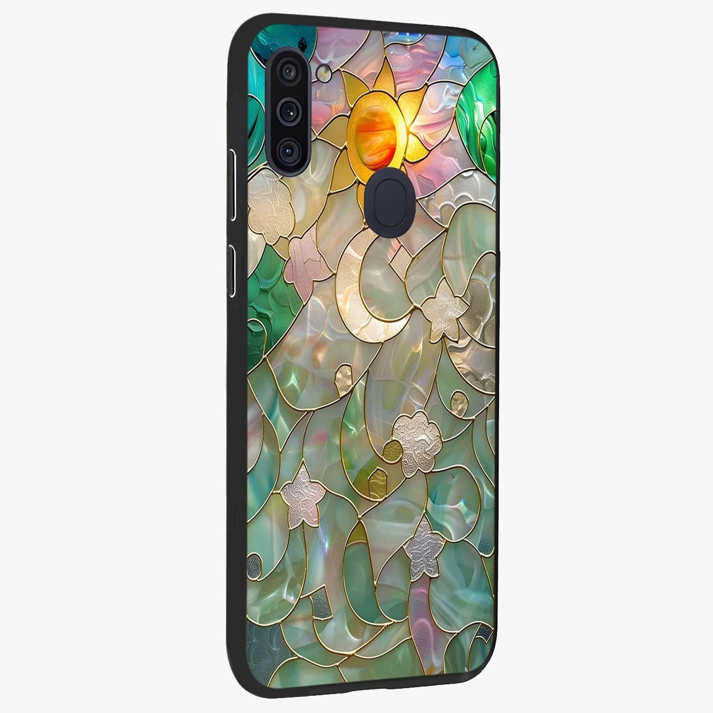 Stained Sunrise Glow Glass Case upright view showcasing colorful sunrise artwork with warm morning theme.
