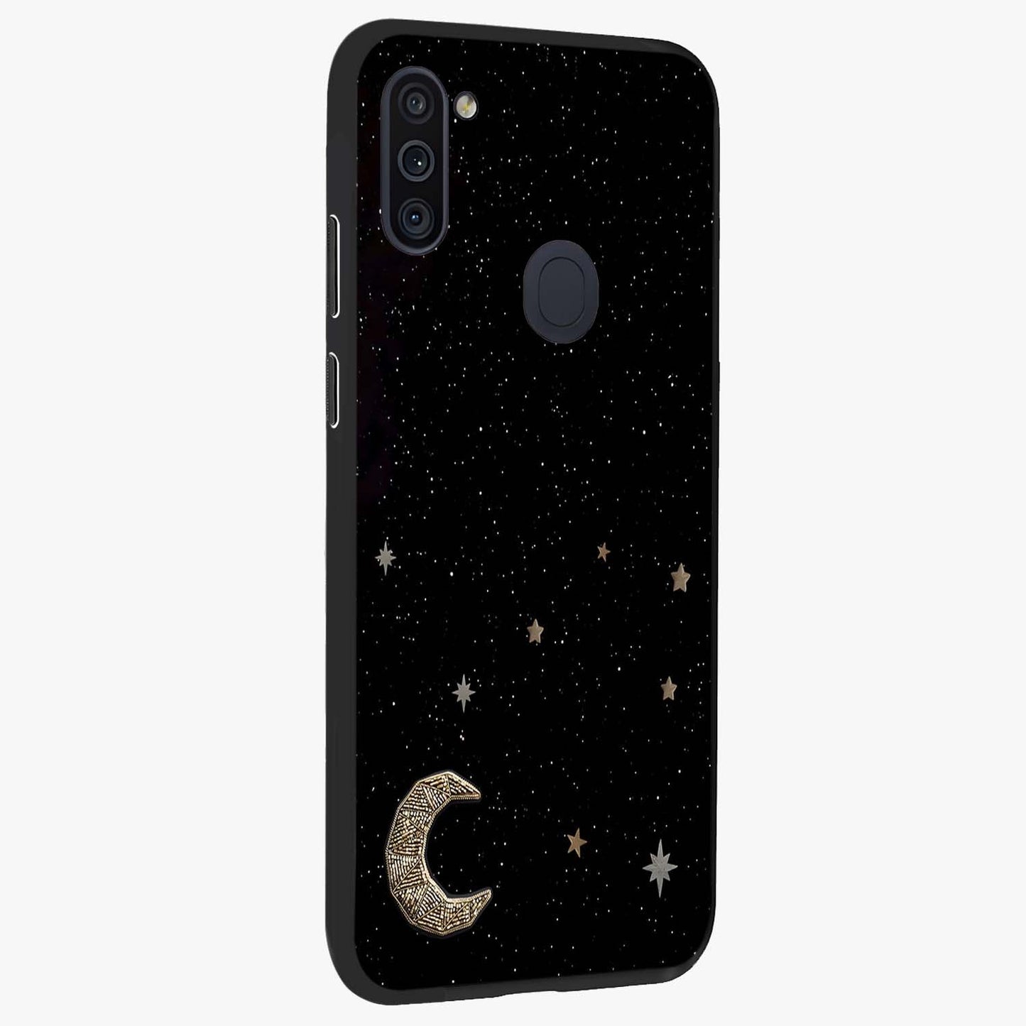 Twinkle Star With Half Moon Glass Case upright view showcasing glowing cosmic artwork with dreamy night theme.