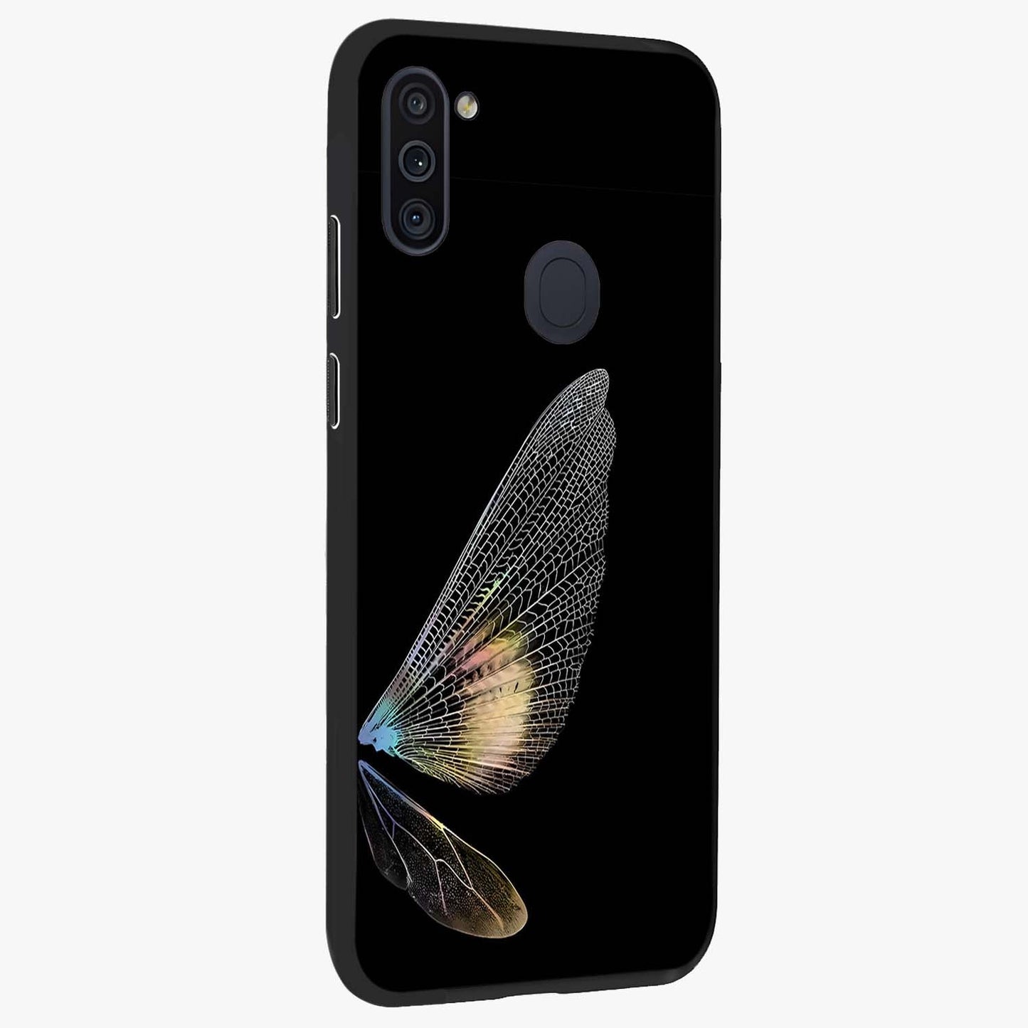 Whispers Of Wings Glass Case upright view showcasing elegant wing artwork with light airy theme.