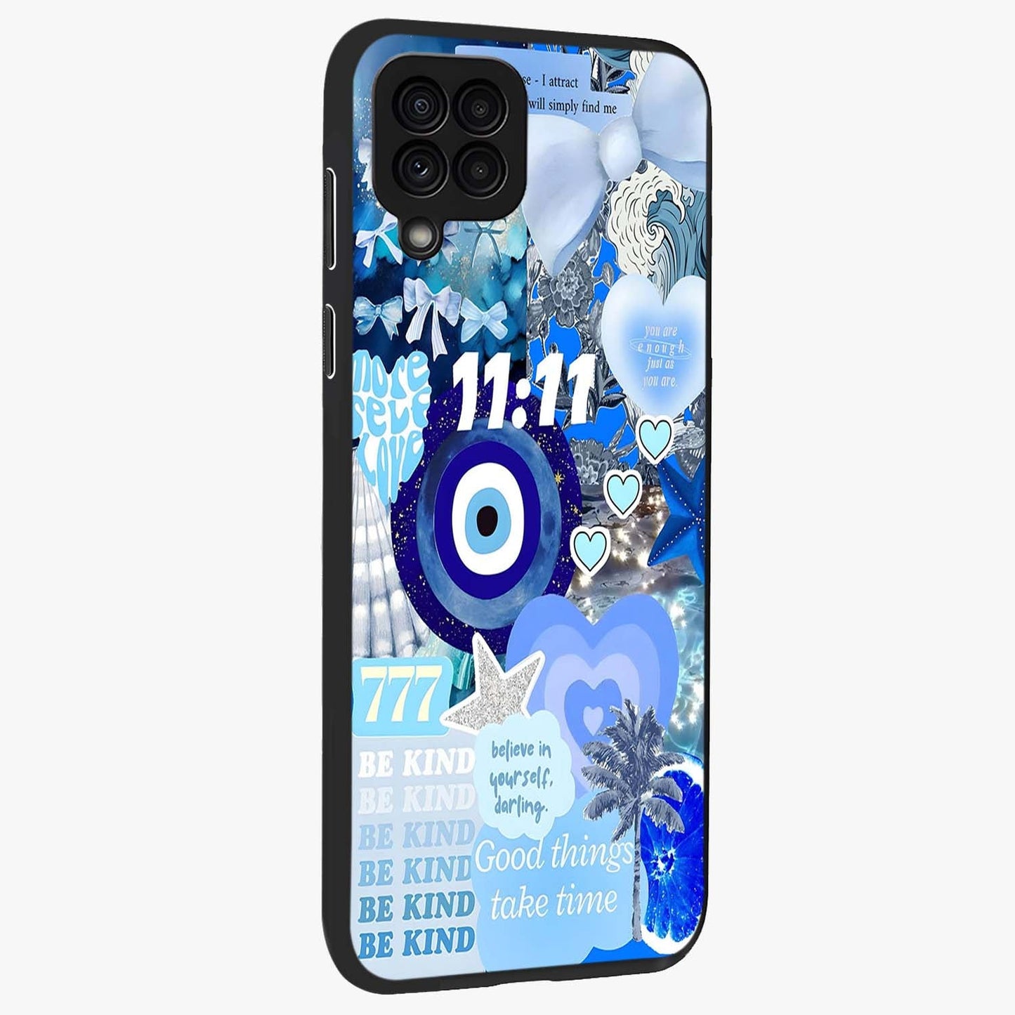 Aesthetic Be Kind Eye Glass Case upright view showcasing stylish eye illustration with positive message theme.