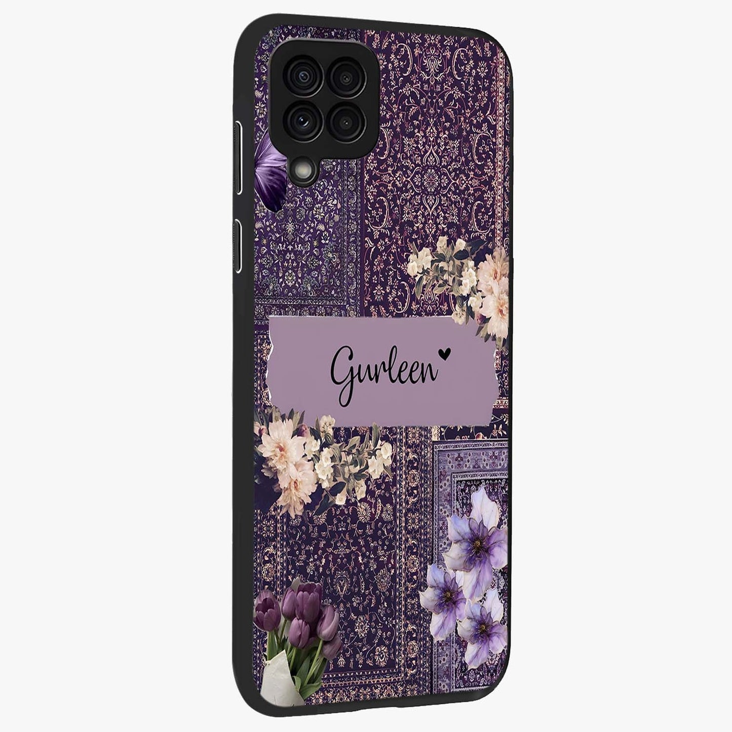 Antique Floral Whisper Custom Name Glass Case upright view showcasing delicate floral artwork with custom name feature.
