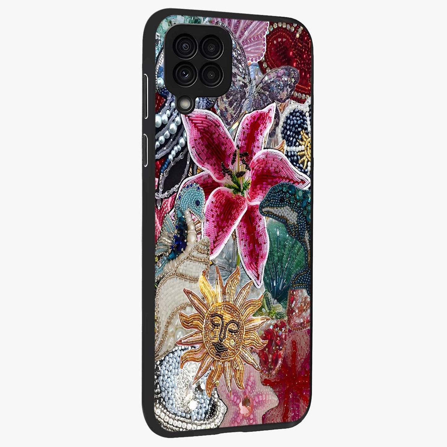 Beaded Garden Fantasy Glass Case upright view showcasing whimsical garden aesthetic with artistic bead details.