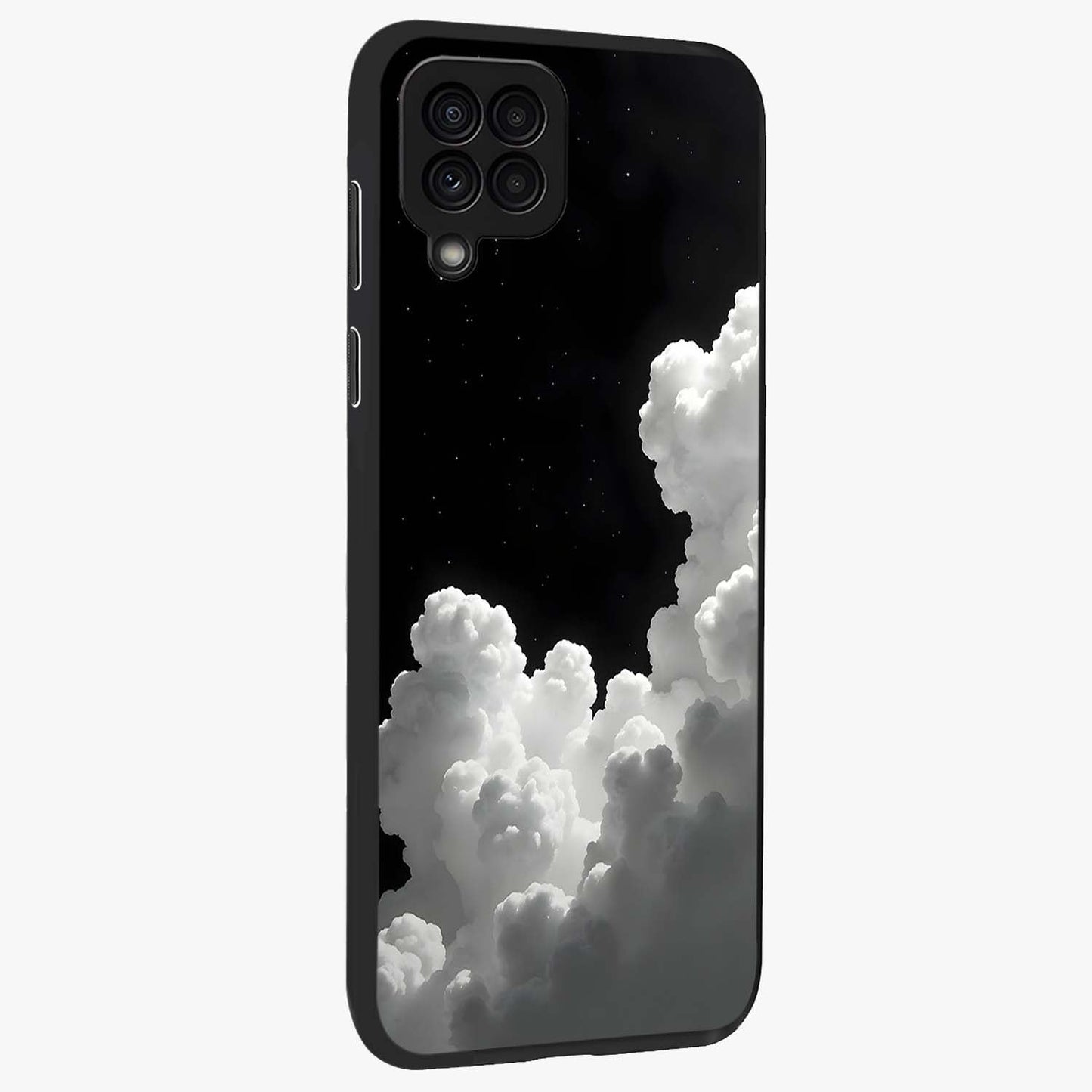 Black Background With White Cloud Glass Case upright view showcasing calm cloud aesthetic with modern minimal style.