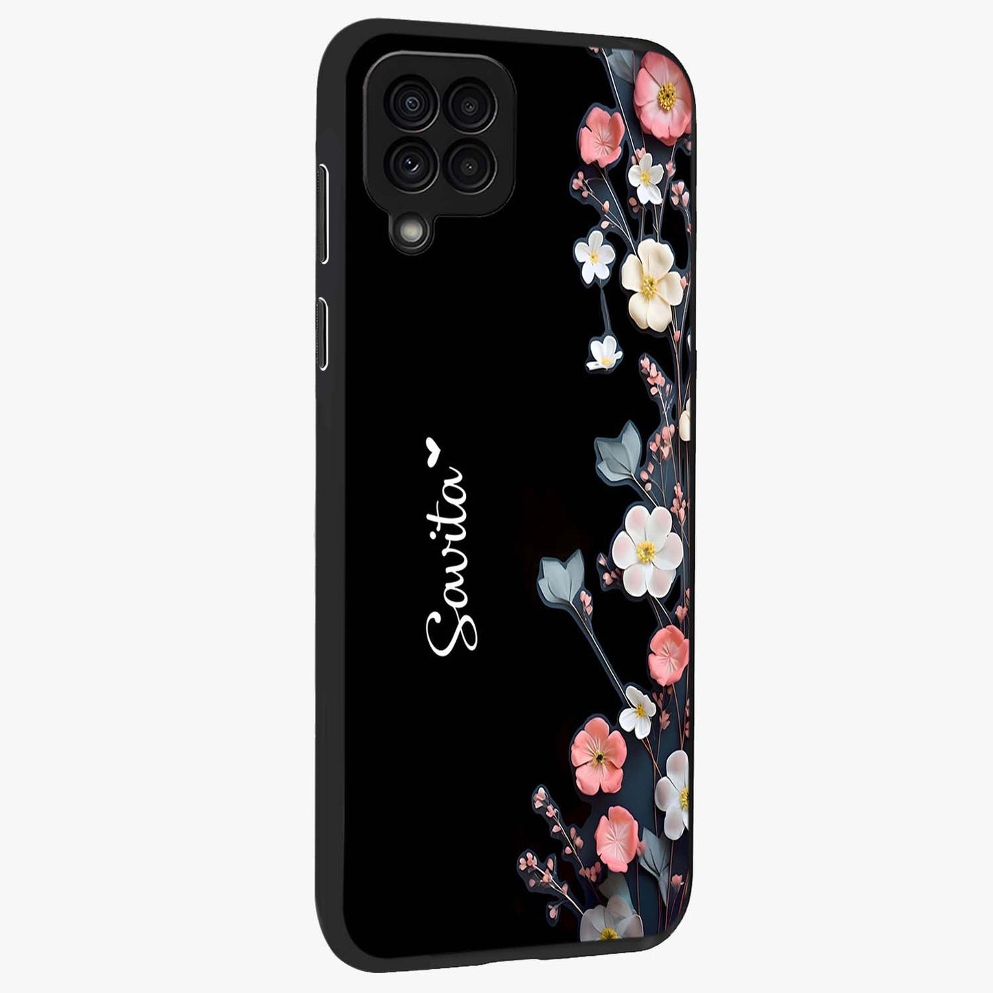 Black Elegance Floral Custom Name Glass Case upright view showcasing luxurious black floral design with personalized name detail.