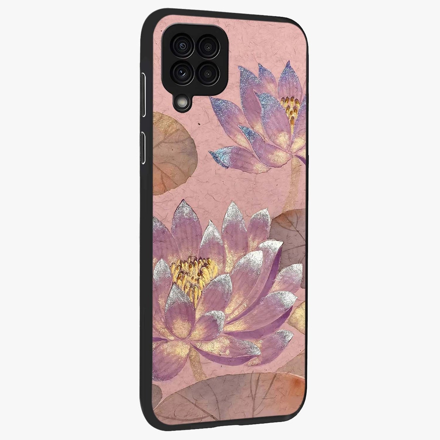 Blossom Mist Lotus Glass Case upright view showcasing graceful lotus flower design with peaceful botanical style.