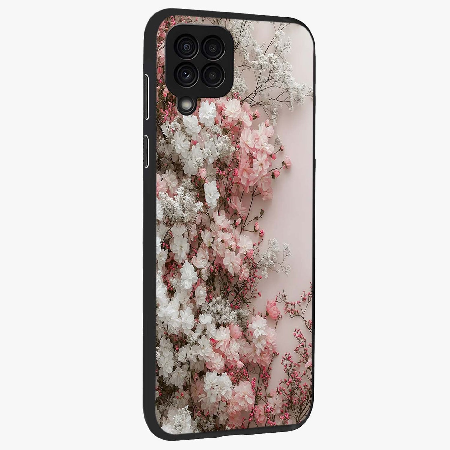 Blush Blossom Cloud Glass Case upright view showcasing calm floral cloud artwork with gentle dreamy theme.