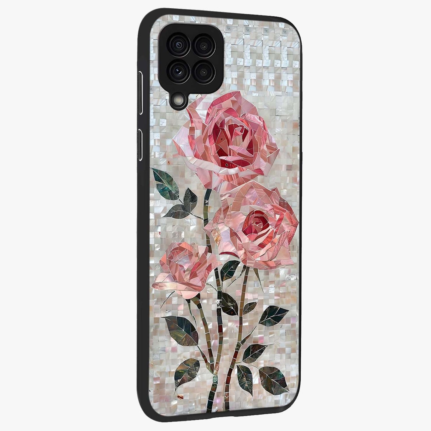Blush Mosaic Bloom Glass Case upright view showcasing decorative floral mosaic artwork with stylish modern aesthetic.