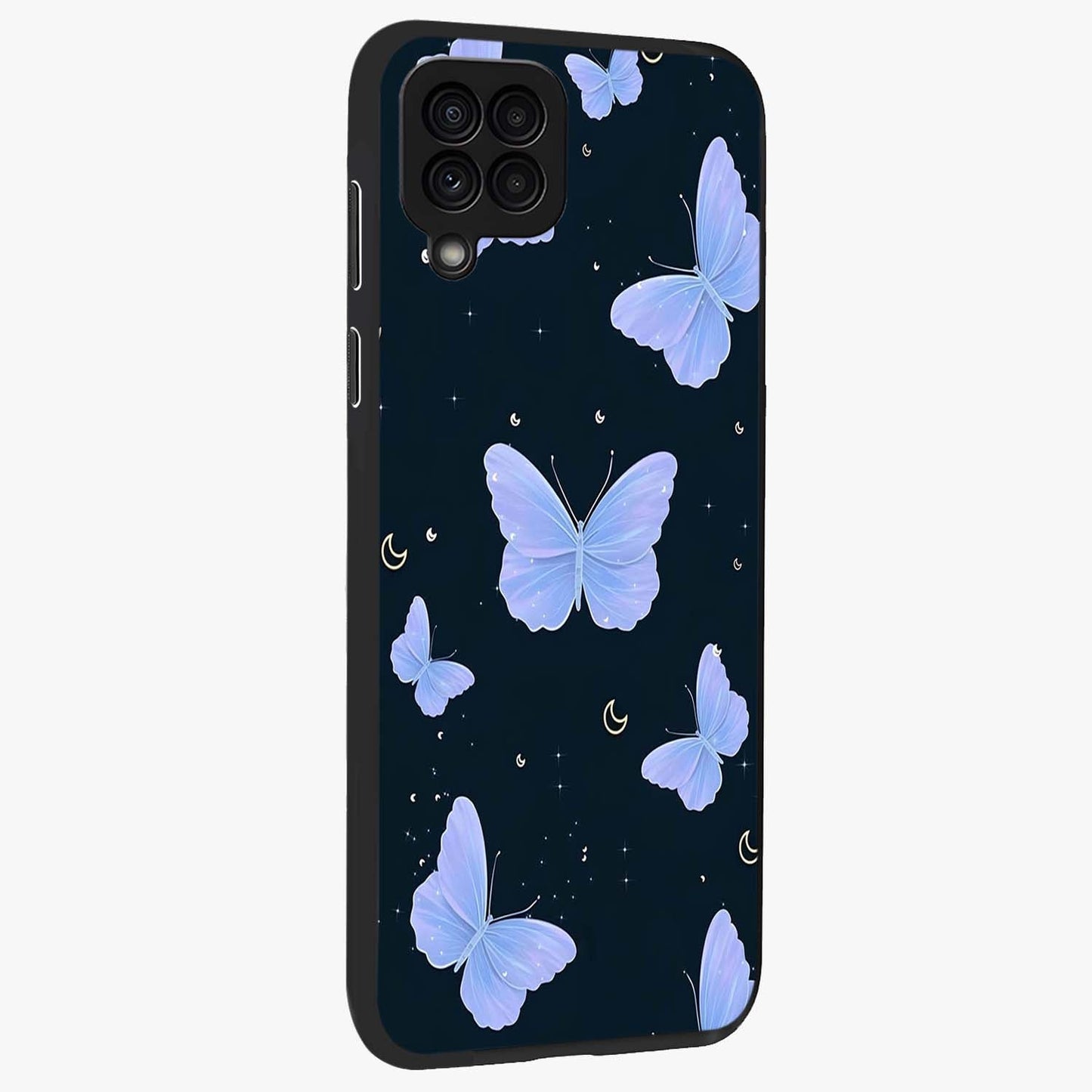 Butterfly With Stars Pattern Glass Case upright view showcasing celestial butterfly artwork with sparkling star elements.
