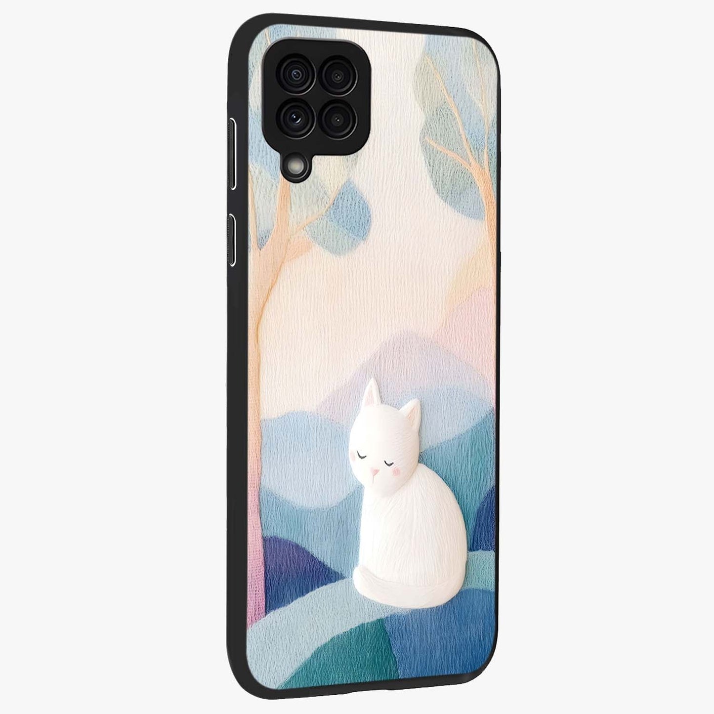 Cotton Dream Cat Glass Case upright view showcasing charming cat artwork with cozy dreamy theme.
