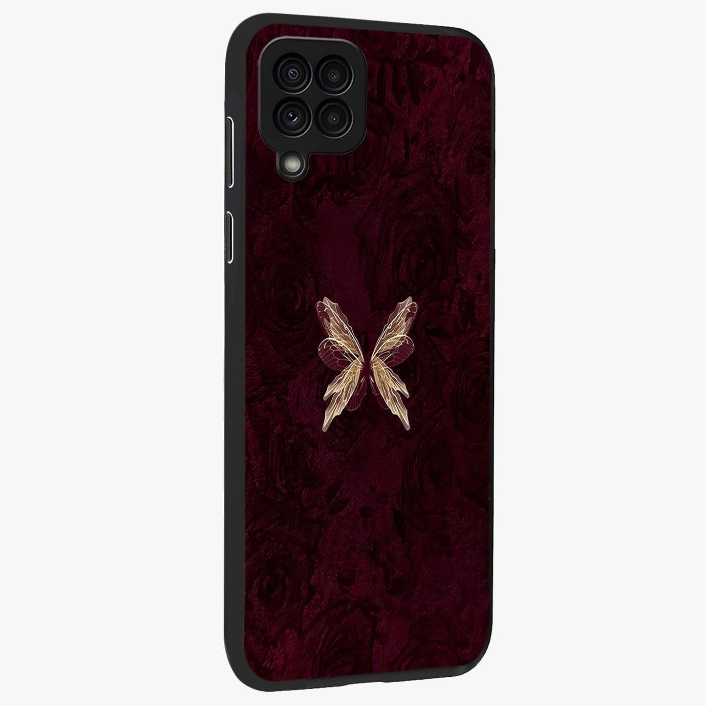 Crimson Fade Butterfly Glass Case upright view showcasing graceful butterfly artwork with soft crimson fade effect.