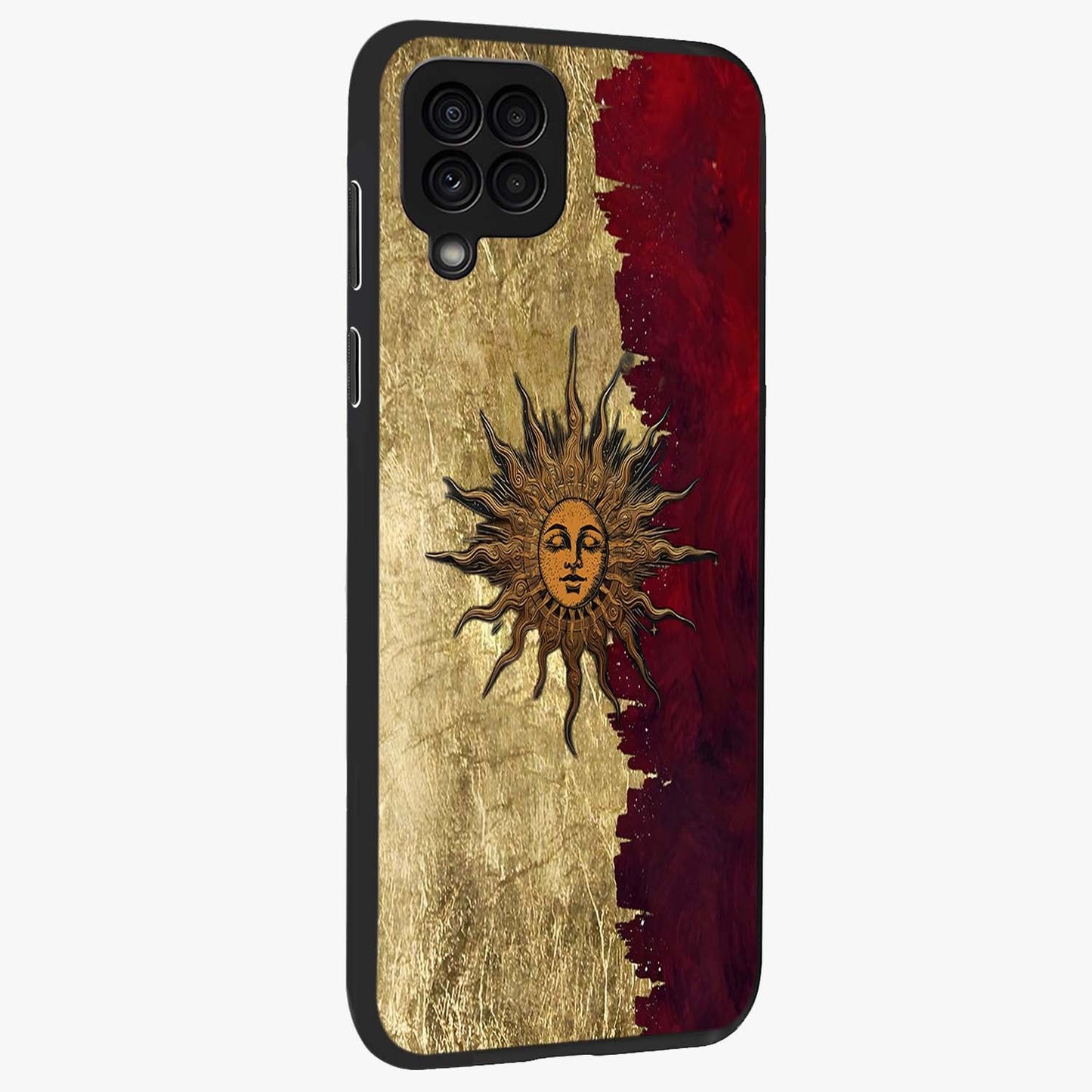 Crimson Sun Majesty Glass Case upright view showcasing vibrant sun artwork with powerful celestial theme.