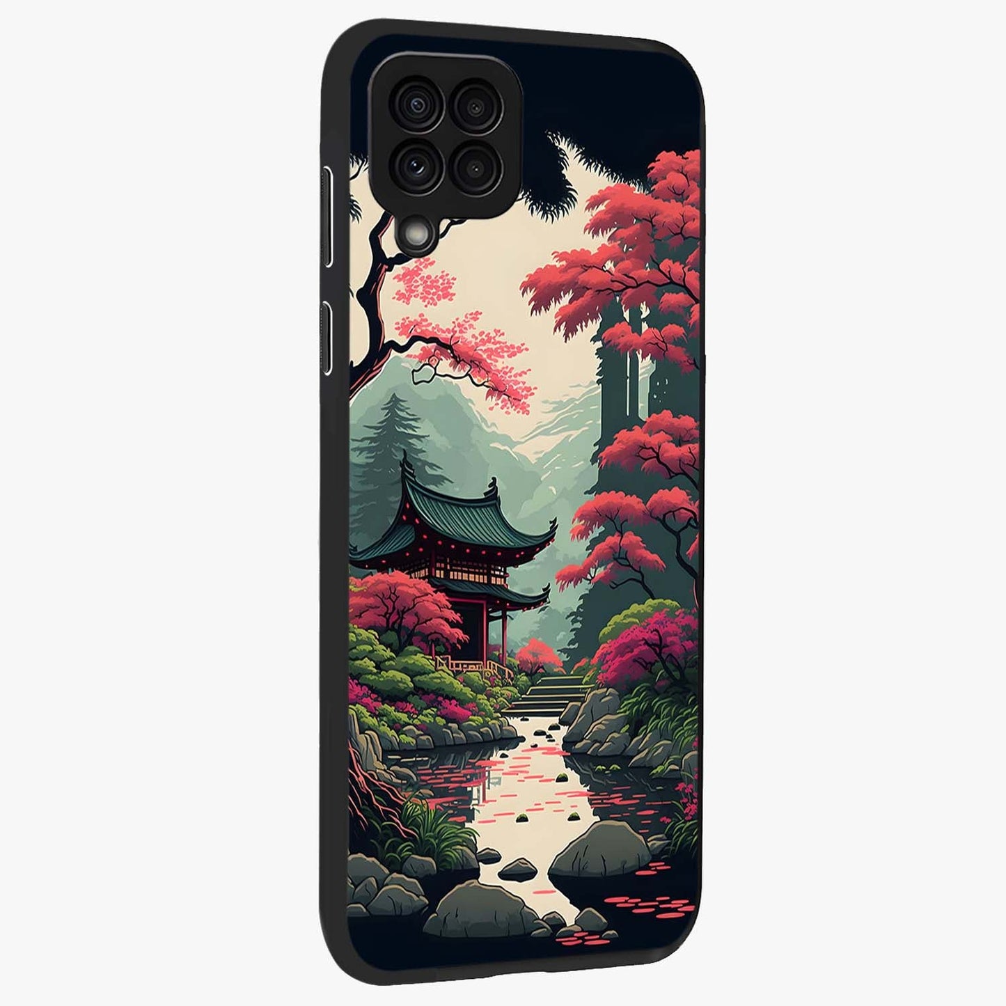 Crimson Temple View Glass Case upright view showcasing architectural temple artwork with dramatic crimson theme.