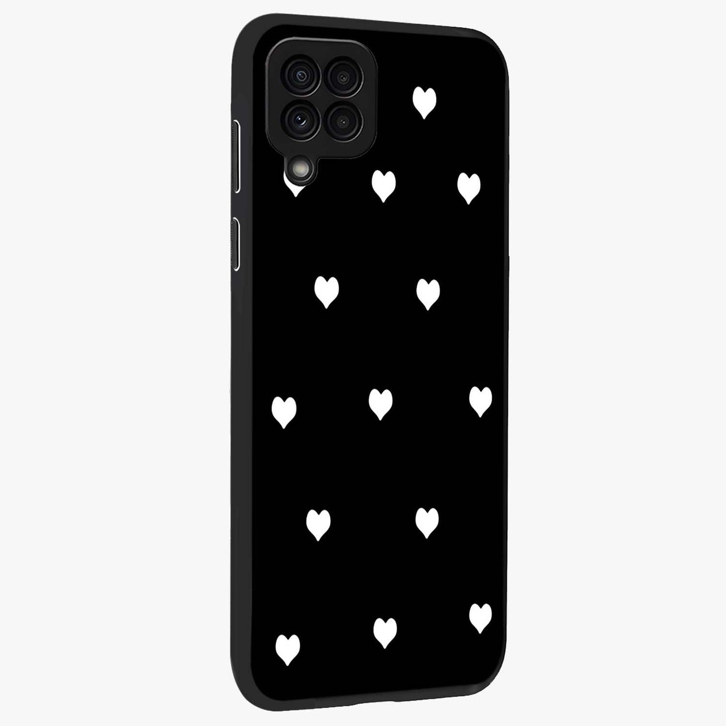 Cute And Simple White Hearts Glass Case upright view showcasing simple white hearts artwork with soft minimal theme.