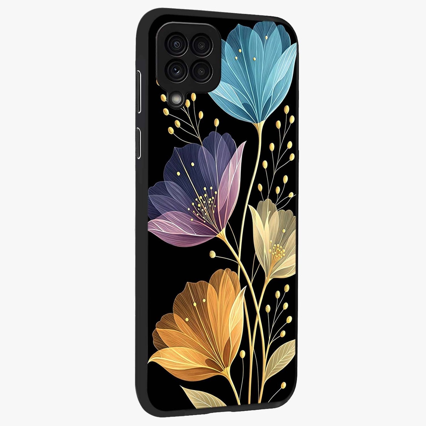Delicate Multicolor Flowers Glass Case upright view showcasing delicate floral artwork with bright botanical theme.