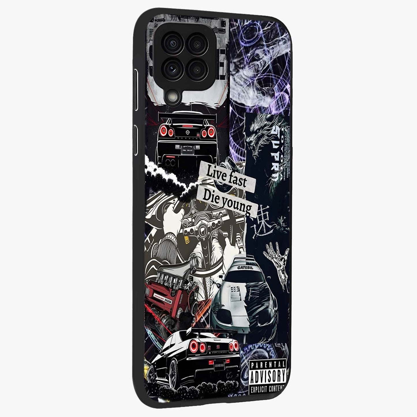 Die Young Glass Case upright view showcasing striking typography artwork with modern statement theme.