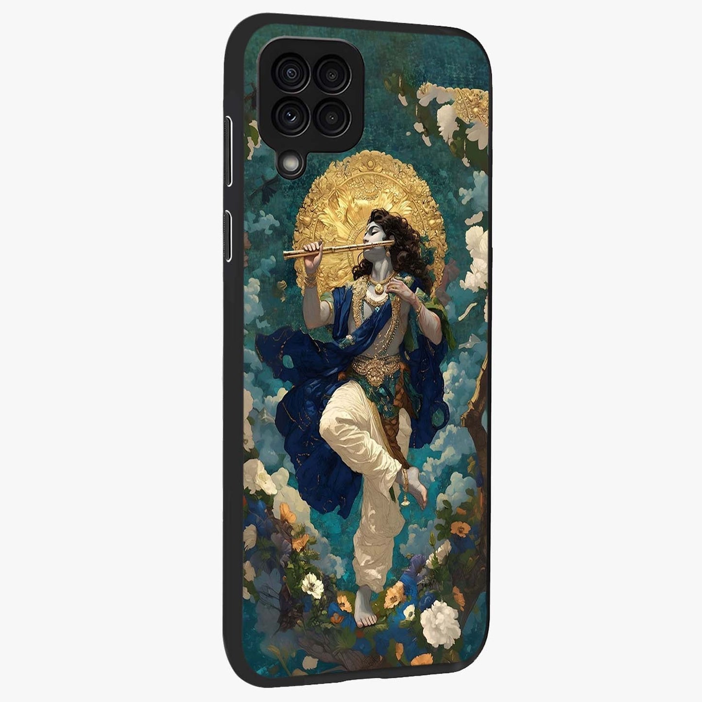 Divine Krishna Art Glass Case upright view showcasing divine Krishna artwork with sacred artistic theme.