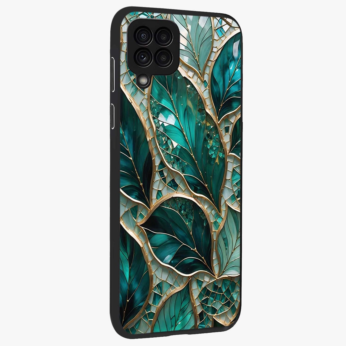 Emerald Leaf Glass Glass Case upright view showcasing fresh green leaf artwork with calming nature inspired style.