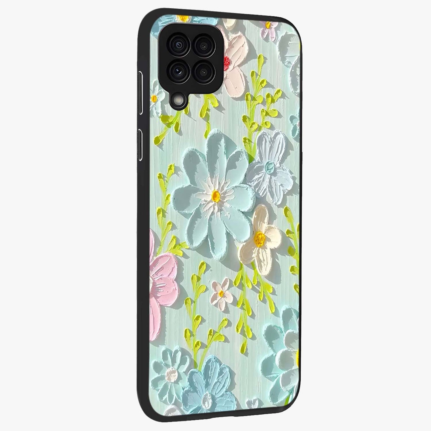 Frosted Petal Garden Glass Case upright view showcasing elegant floral garden artwork with soothing pastel theme.