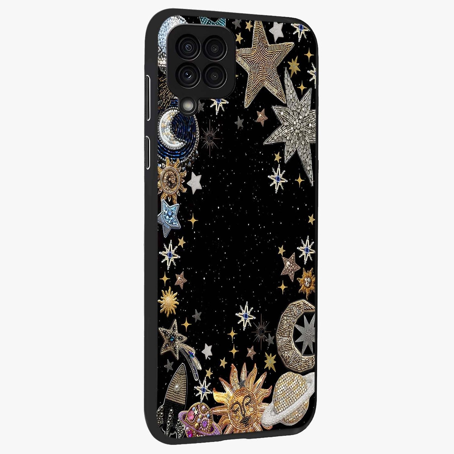Galactic Jewel Stars Glass Case upright view showcasing glittering star jewel artwork with vibrant galaxy theme.