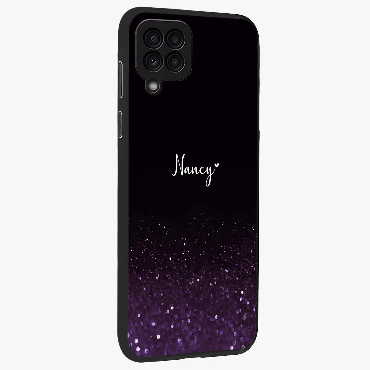 Glittery Purple Bokeh Custom Name Glass Case upright view showcasing vibrant purple sparkle artwork with personalized aesthetic style.