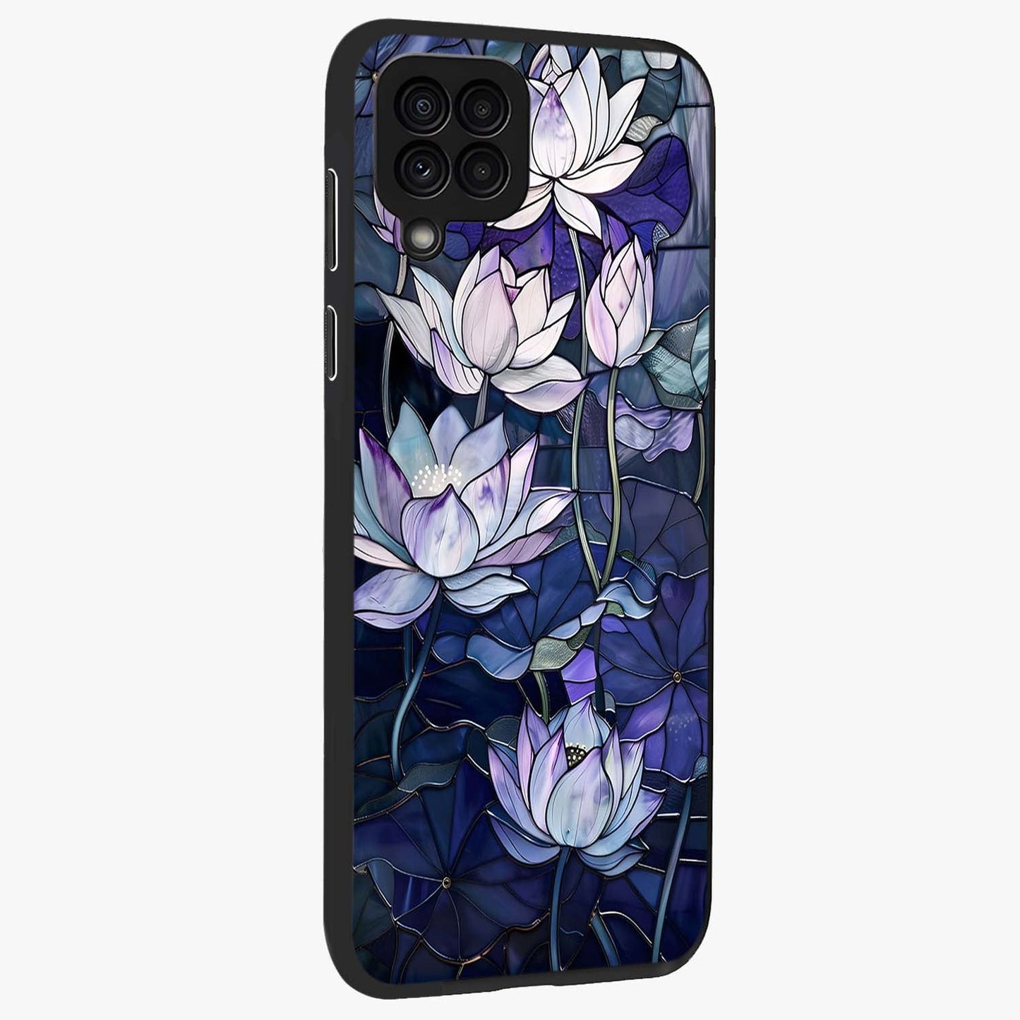 Gloss Petal Rush Glass Case upright view showcasing dynamic floral petal artwork with modern botanical theme.