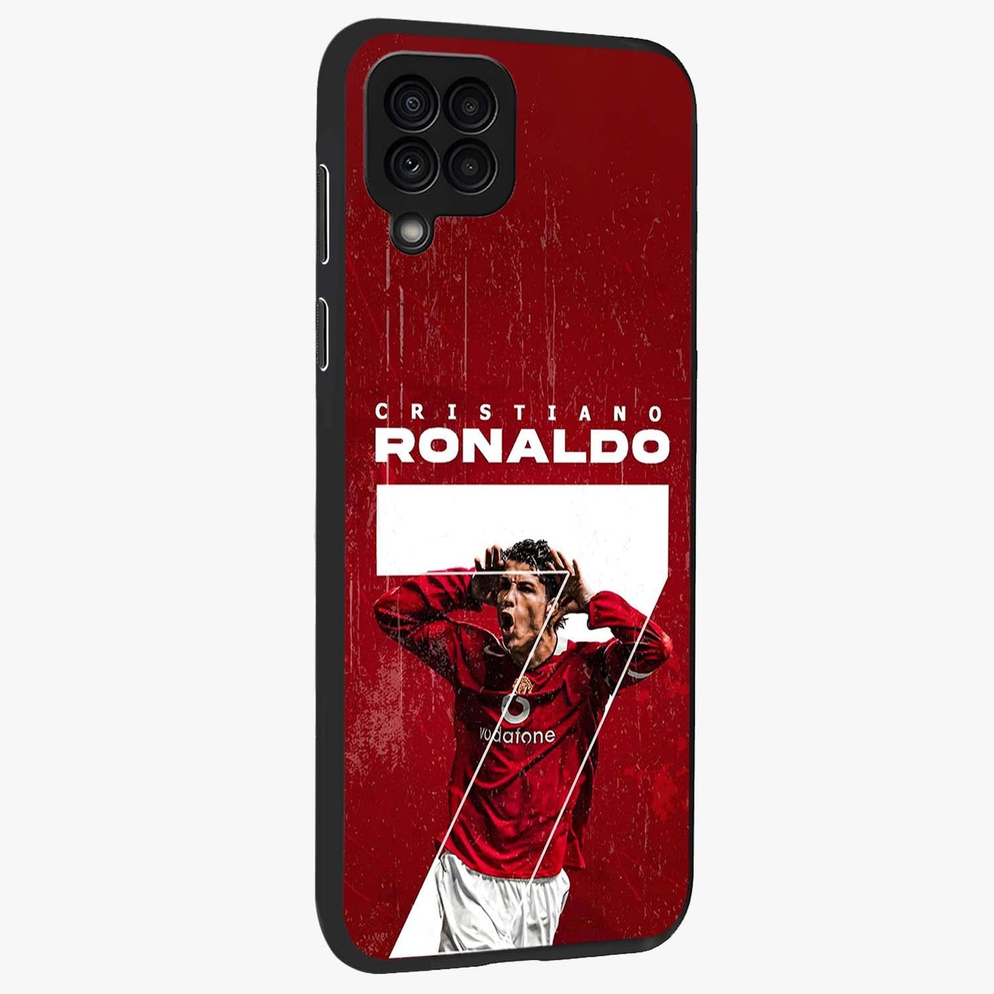 Goal Celebration Legacy Glass Case upright view showcasing dynamic football inspired artwork with victory celebration aesthetic.