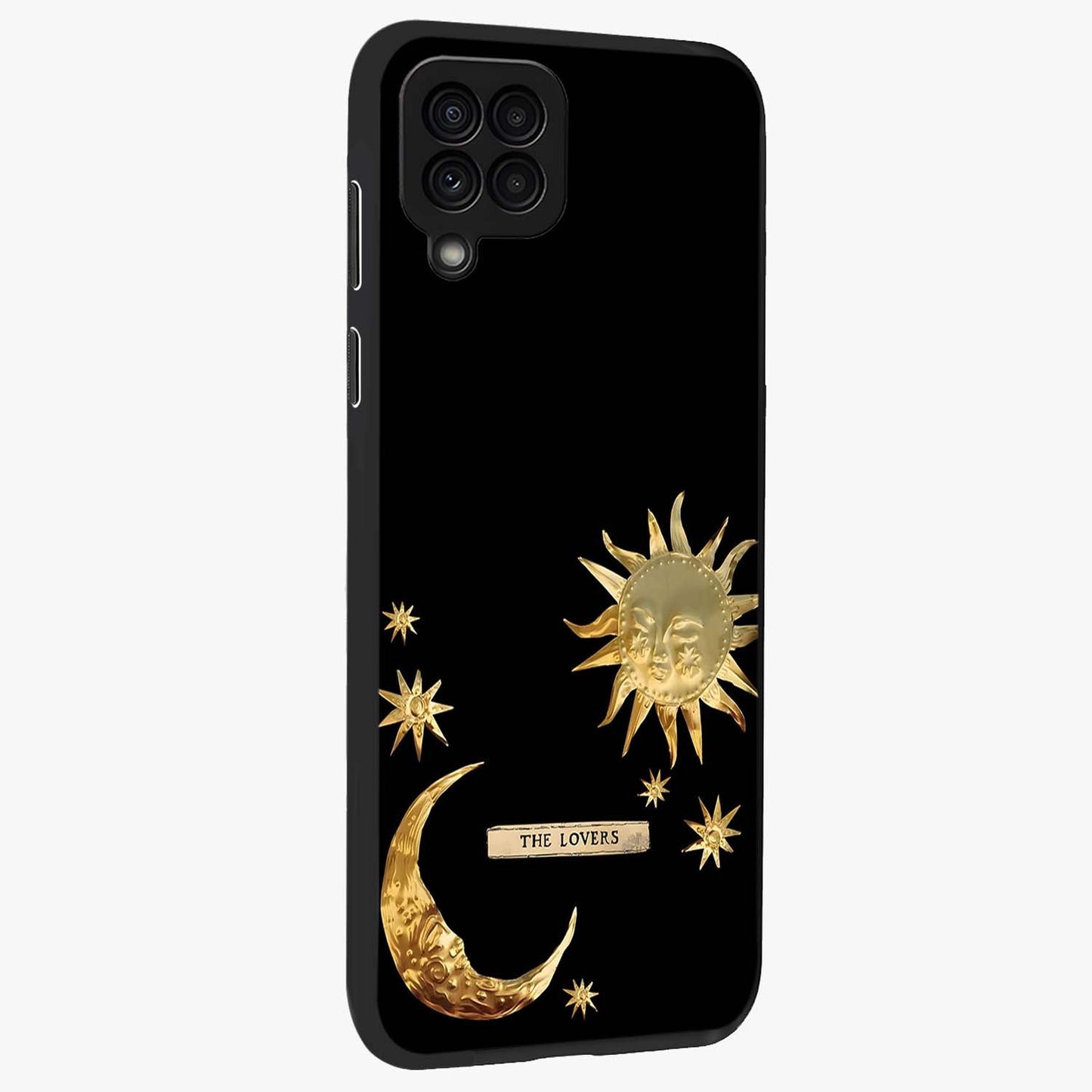 Gold Sun Blush Glass Case upright view showcasing glowing sun artwork with elegant celestial theme.