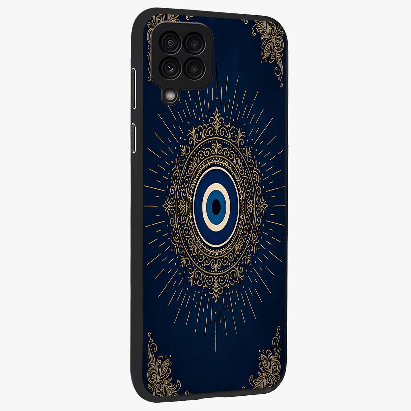 Golden Celestial Charm Glass Case upright view showcasing radiant celestial artwork with elegant golden theme.