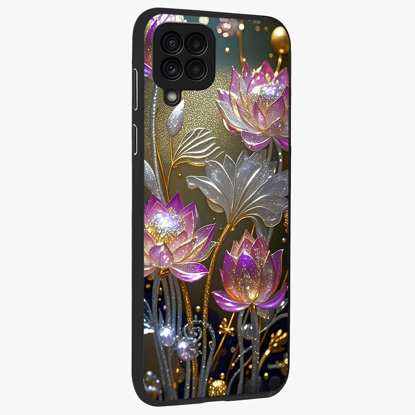 Golden Floral Majesty Glass Case upright view showcasing majestic floral artwork with rich decorative theme.